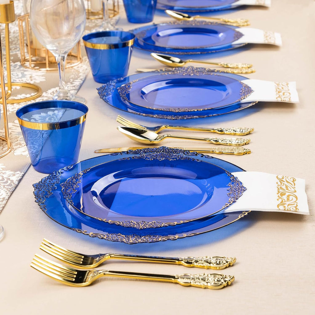 Bestluck 700PCS Clear Blue Plastic Plates for 100 Guests, Disposable Plates with Gold Trim include 100 Dinner plates, 100 Dessert Plates, 100 Gold Silverware, Cups and Napkins for Party, Graduation