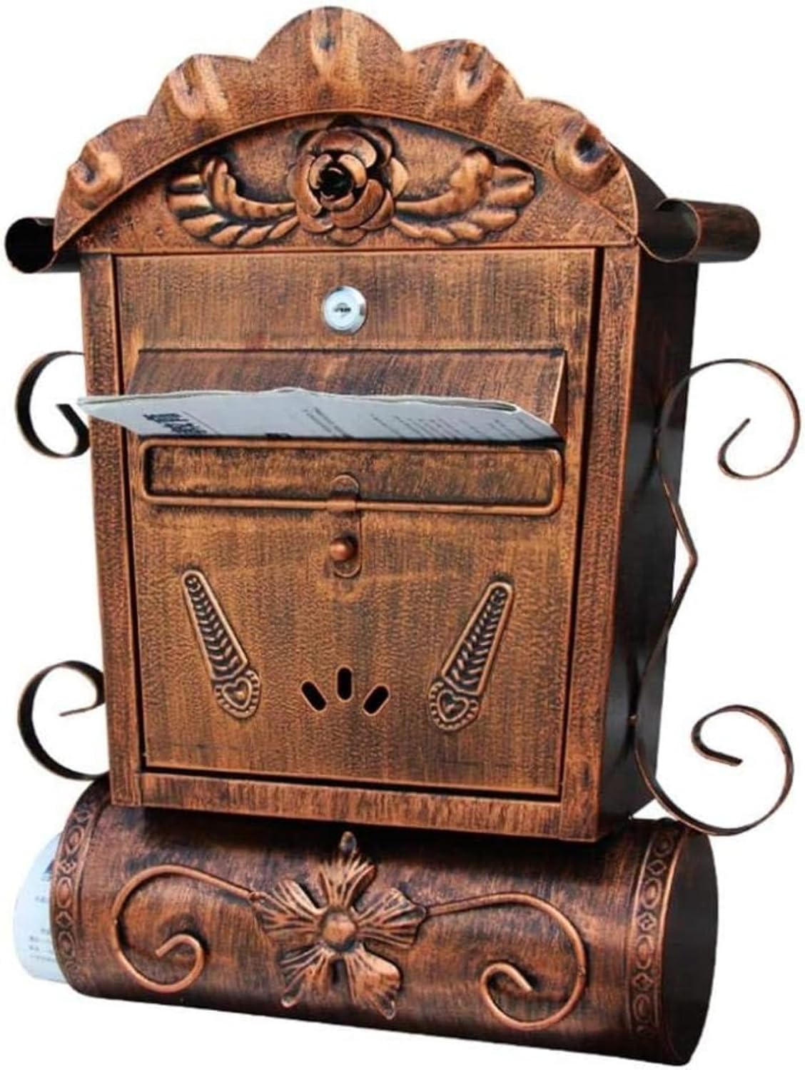 Vintage Weatherproof Post Box, Lockable Mailbox with Newspaper Tube, Heavy Duty Secure Wall Mounted Letter Mail Post Box for Walls Gates Garages