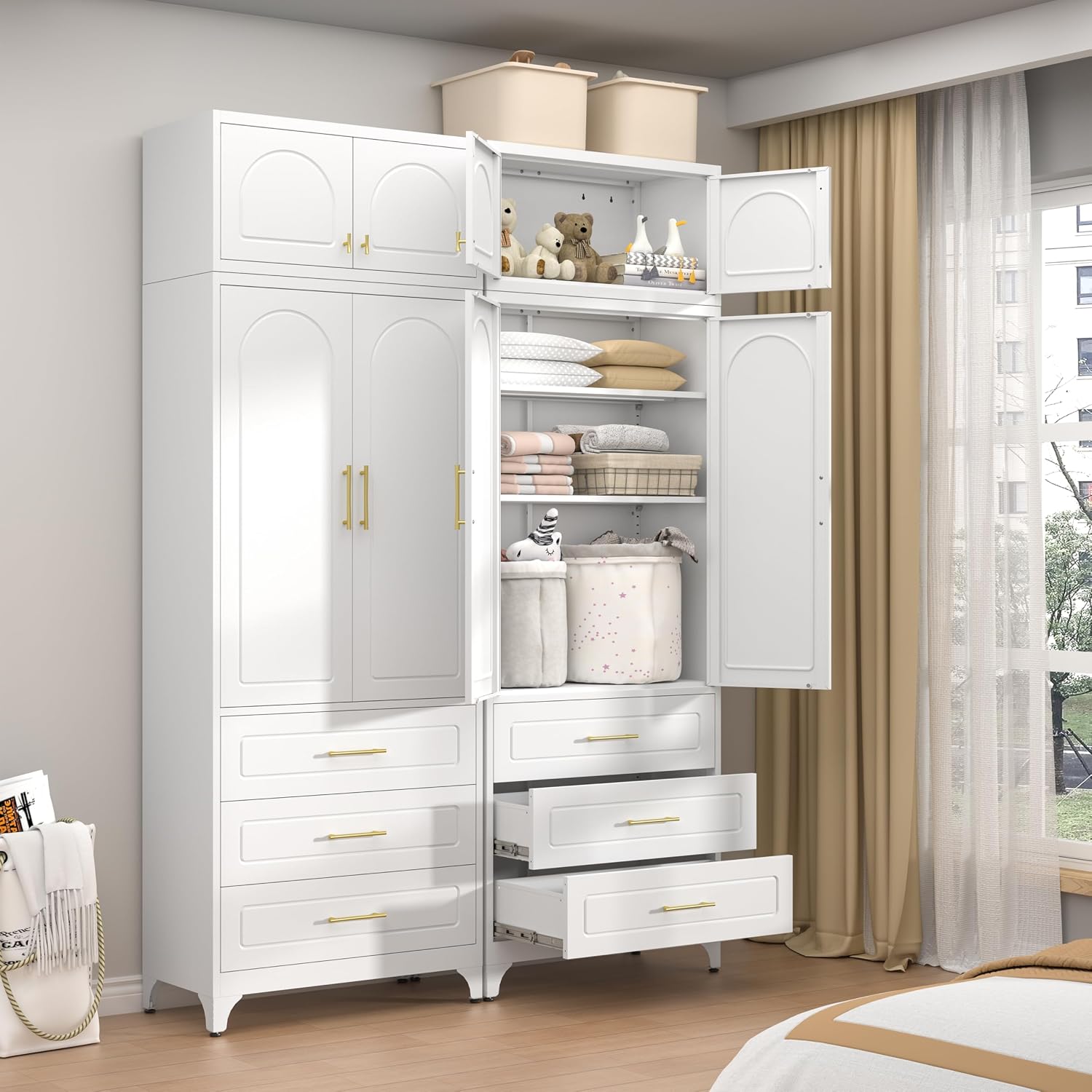 90' Tall Kitchen Pantry Cabinet,Metal Storage Cabinet with Doors and Adjustable Shelves,Modern Kitchen Hutch Cabinets,Freestanding Cupboard for Dining Room