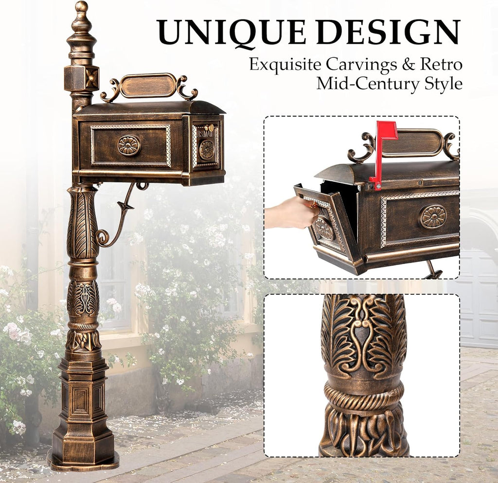 Large Metal Mailbox with Post for Outside Combo, Side Mount with Stand Outgoing Signal Flag & Address Plaque Heavy Duty Cast Aluminum Antique Bronze Vintange Mail Box Sturdy Base 22.4' x 9' x 62.6'H