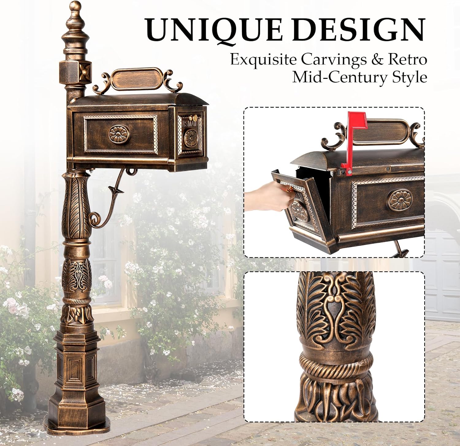 Large Metal Mailbox with Post for Outside Combo, Side Mount with Stand Outgoing Signal Flag & Address Plaque Heavy Duty Cast Aluminum Antique Bronze Vintange Mail Box Sturdy Base 22.4' x 9' x 62.6'H