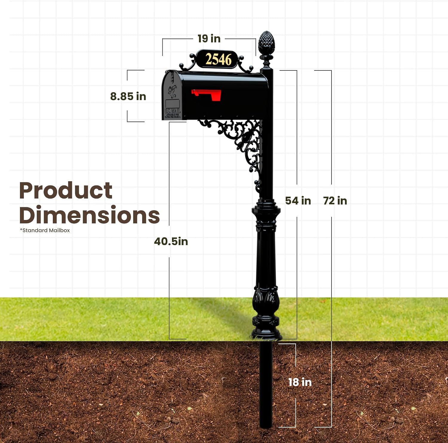 Magnolia Standard Mailbox & Post System – Black Rust Resistant Mailbox – Includes Plaque, Decorative Bracket, Decorative Finial & Hardware - Customized Address Numbers