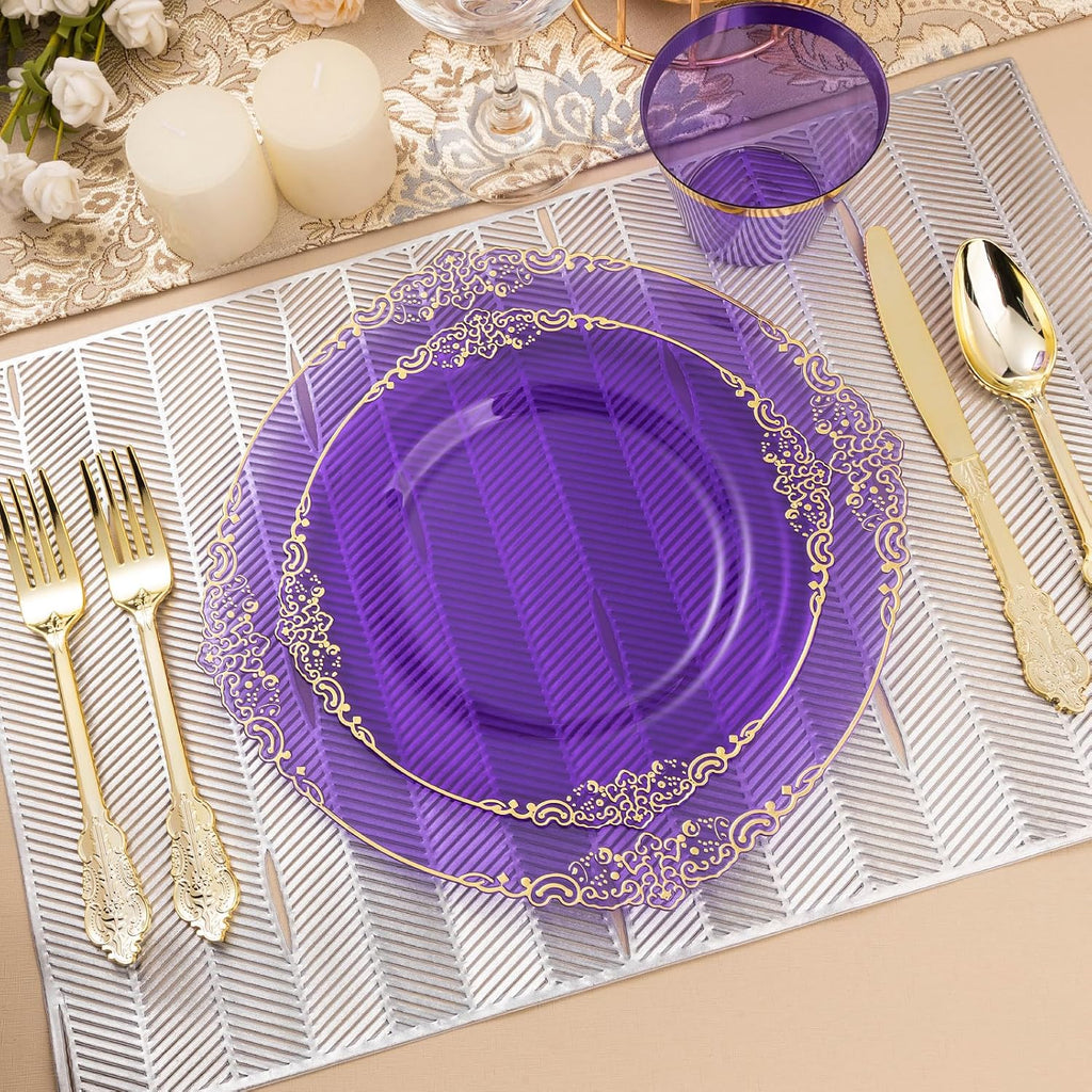 Bestluck 700PCS Clear Purple Plastic Plates for 100 Guests, Disposable Plate with Gold Trim include 100 Dinner plates, 100 Dessert Plates, 100 Gold Silverware, Cups and Napkins for Party, Graduation