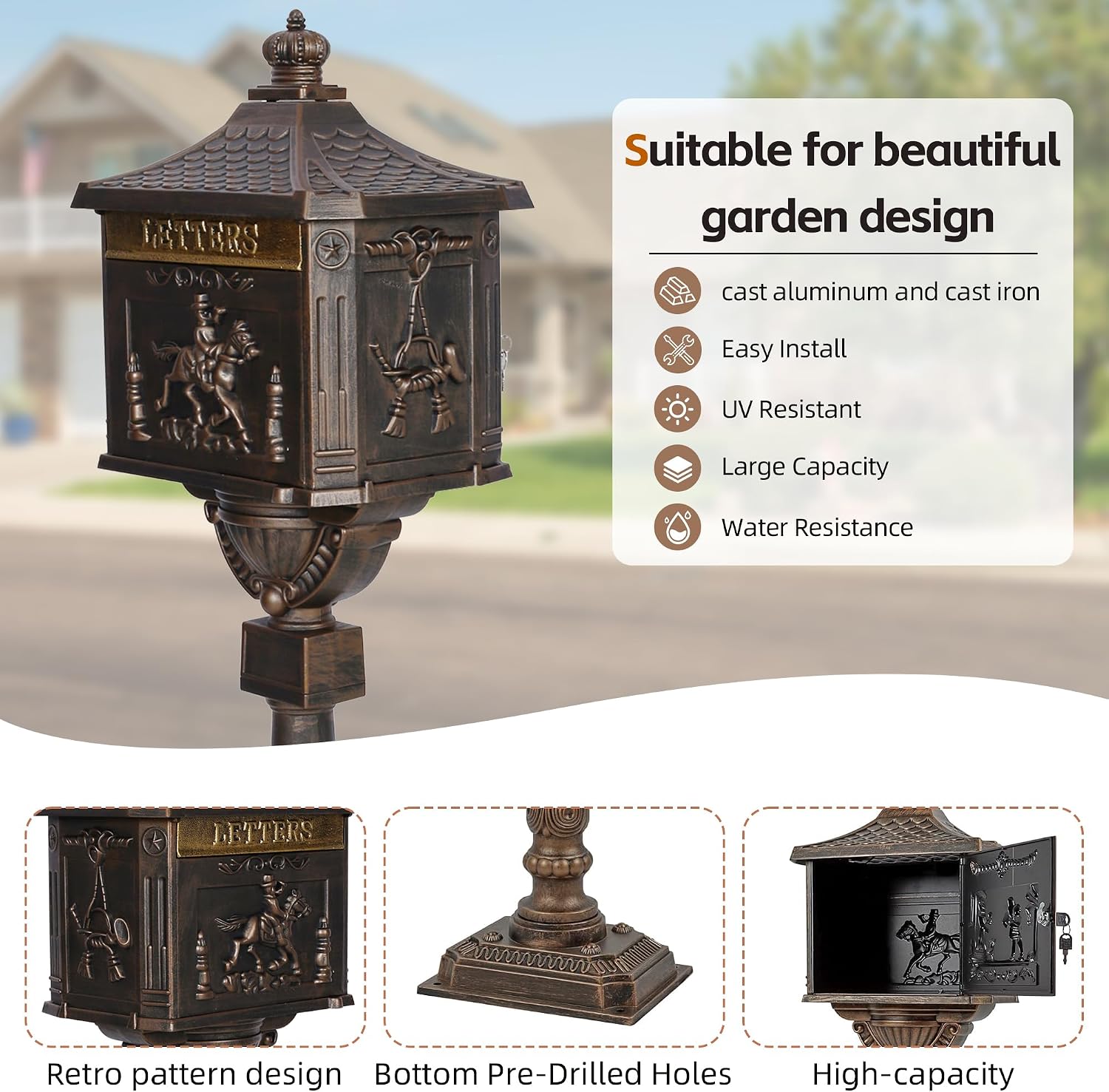 Cast Aluminum Locking Mailbox, Heavy Duty Security Postal Box, Retro Mid-Century Outdoor Mailbox with Key Lock, Weatherproof Anti-Theft Design, Easy Installation, Bronze