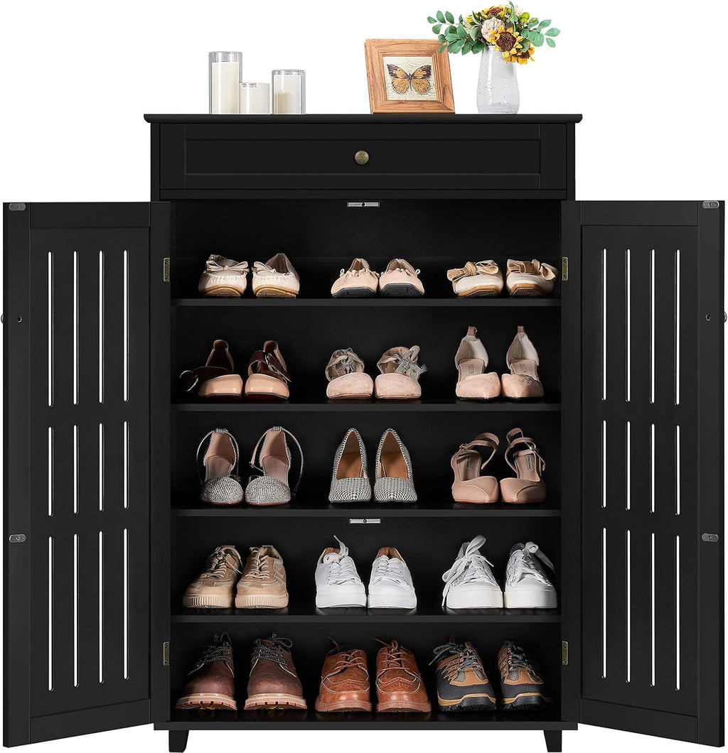 Topeakmart Shoe Rack Storage Cabinet Shelf 5 Tier Adjustable Shoes Organizer with Drawer Louvered Door for Entryway Hallway Furniture Living Room Black