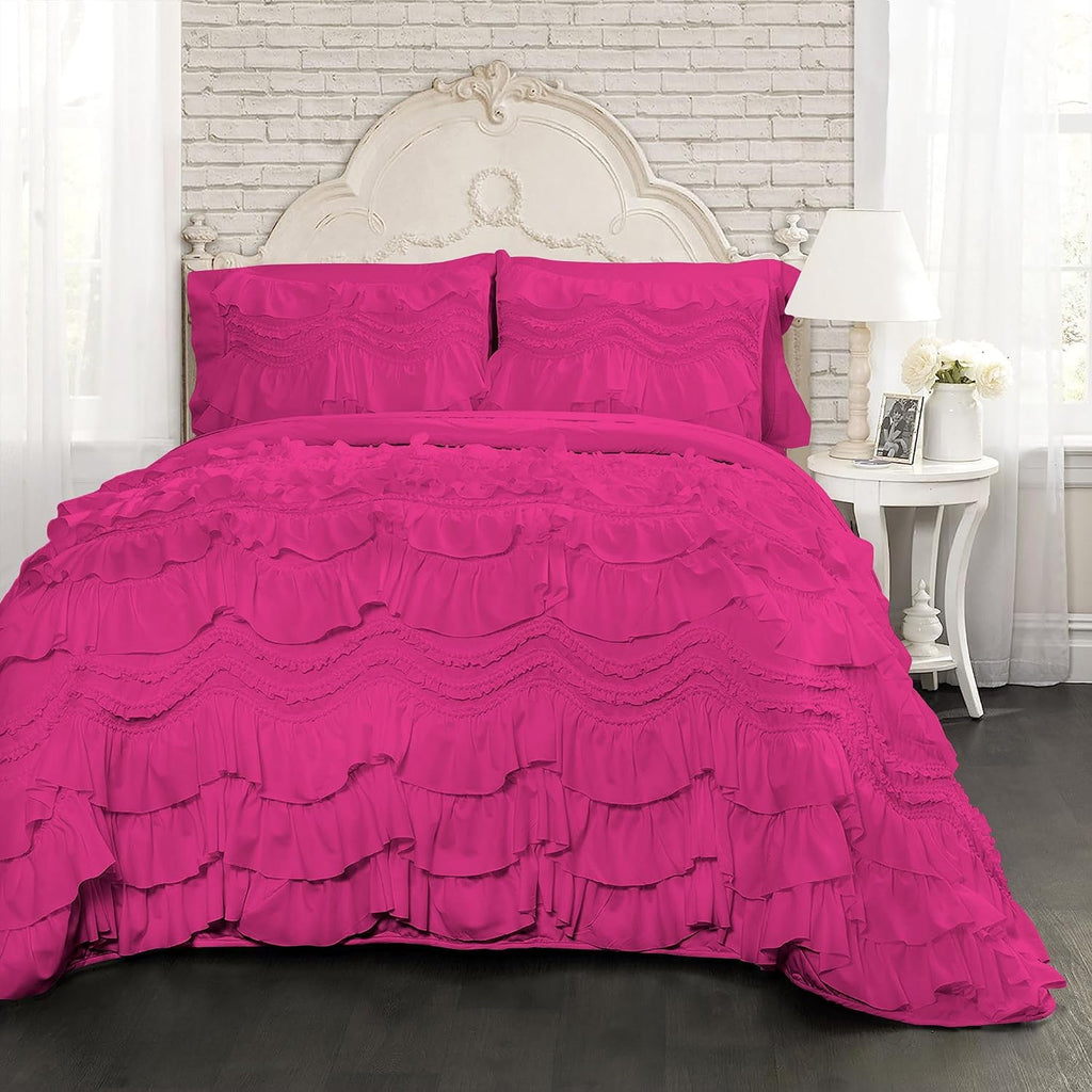 100% Egyptian Cotton, 550 GSM Microfiber Filled Quilt Ruffled Textured 3 Piece Full/Queen Size Comforter Set, Hot Pink