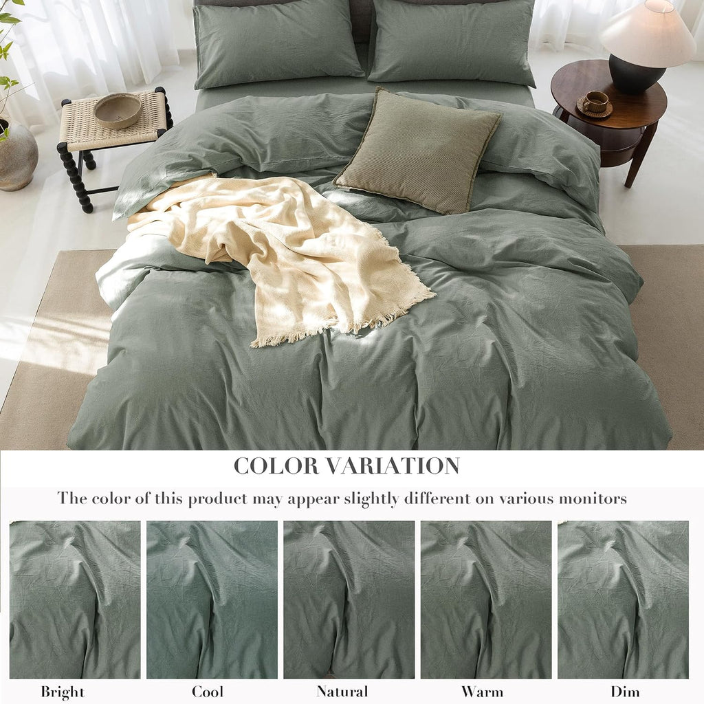 Oversized King Plus Cooling Duvet Cover Set - 3 Pieces 100% Cotton Bedding, Breathable, Crisp Linen-Like Texture, Naturally Soft & Gets Better，Hidden Zipper & Corner Ties – Green, 128'x120'