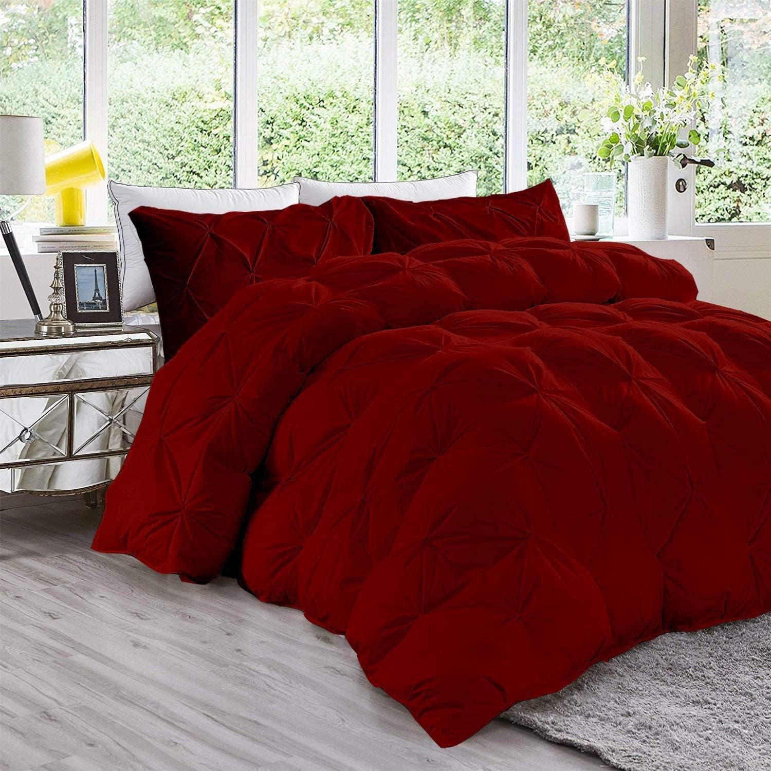 Pinch Pleated Soft 400 GSM All Season Burgundy 5 Piece Queen Size Comforter Set (Comforter + 4 Pillowcases) 600 Series Egyptian Cotton Comforter Bedding Set
