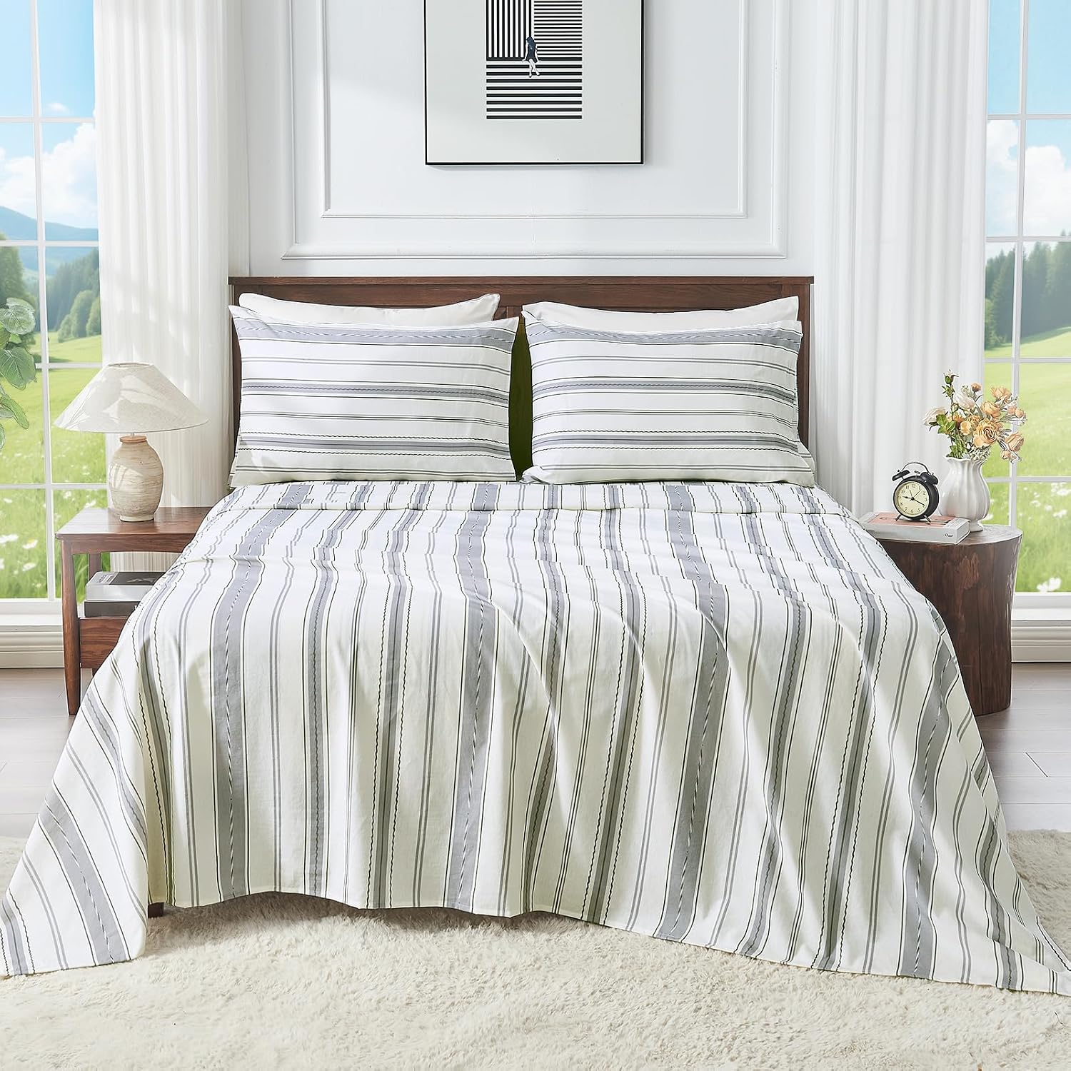 100% Linen Sheets Queen Size,Breathable & Durable 4-Piece Bed Flax Stripes Sheet Set,Soft All-Season Bedding for Hot Sleepers 16' Deep Pocket Oeko-TEX Certified,（Queen, Grey Stripes）