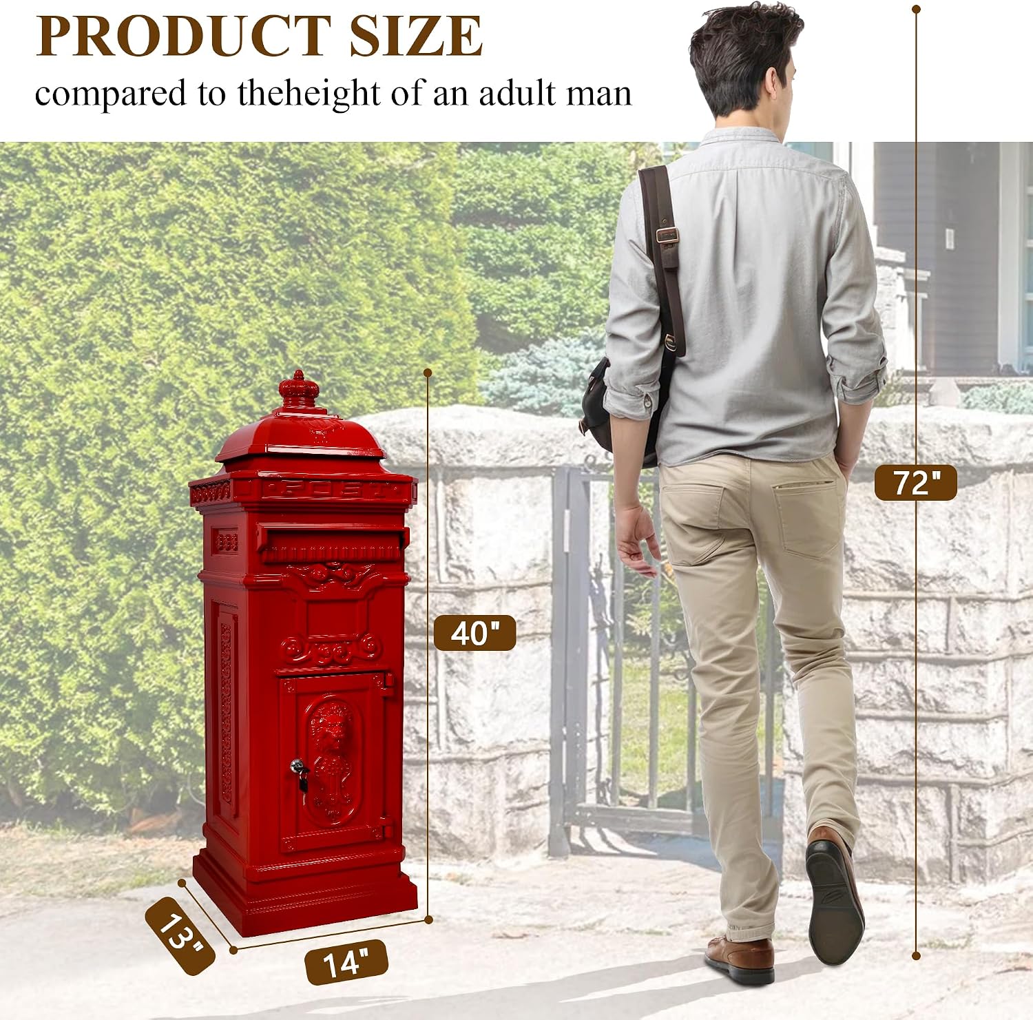 Vintage Large-Capacity Cast Aluminum Mailbox, Outdoor Weatherproof Floor Standing Postbox, Decorative Copper Finish Letter Box with Lock, Roman Column Design for Home Use (Red)