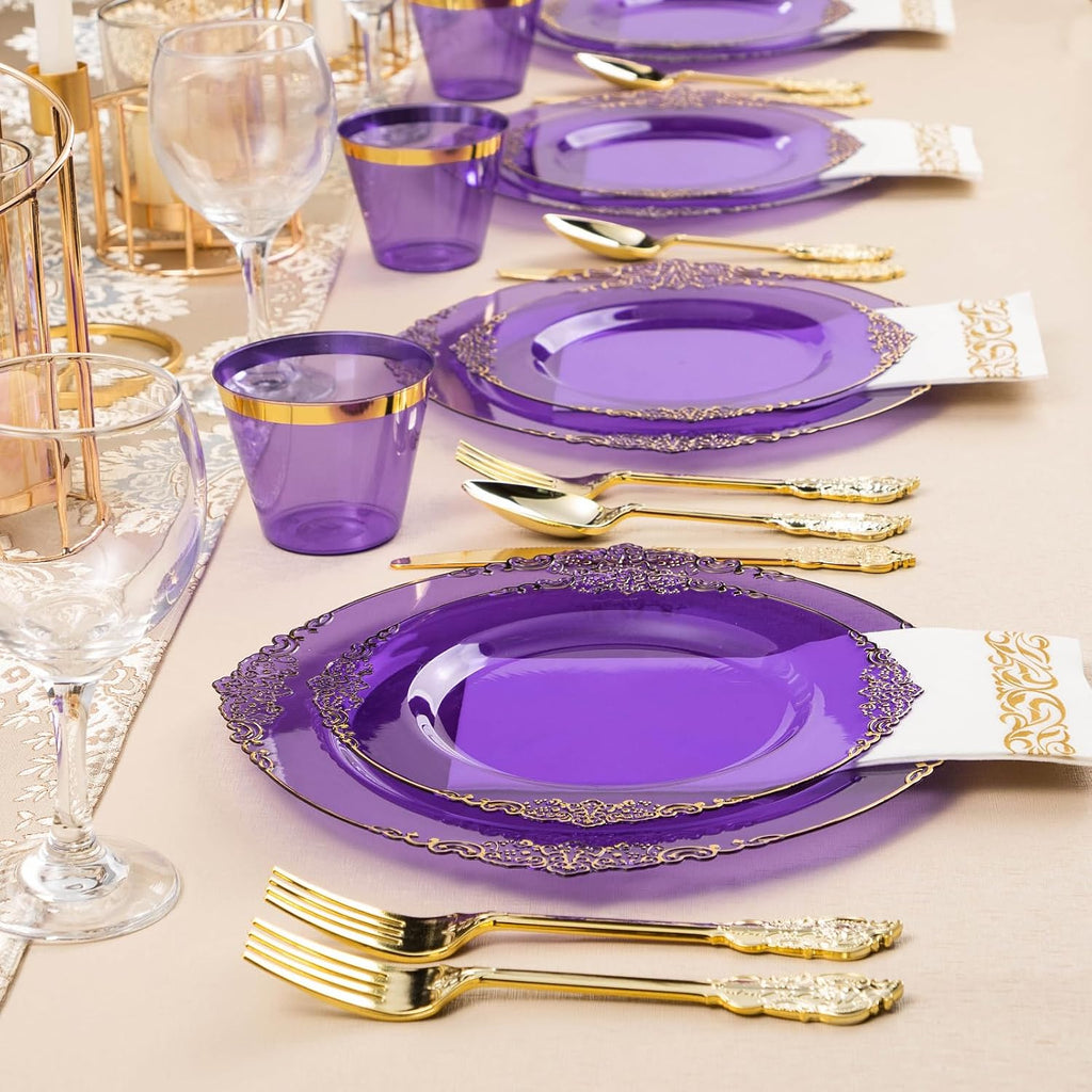 Bestluck 700PCS Clear Purple Plastic Plates for 100 Guests, Disposable Plate with Gold Trim include 100 Dinner plates, 100 Dessert Plates, 100 Gold Silverware, Cups and Napkins for Party, Graduation
