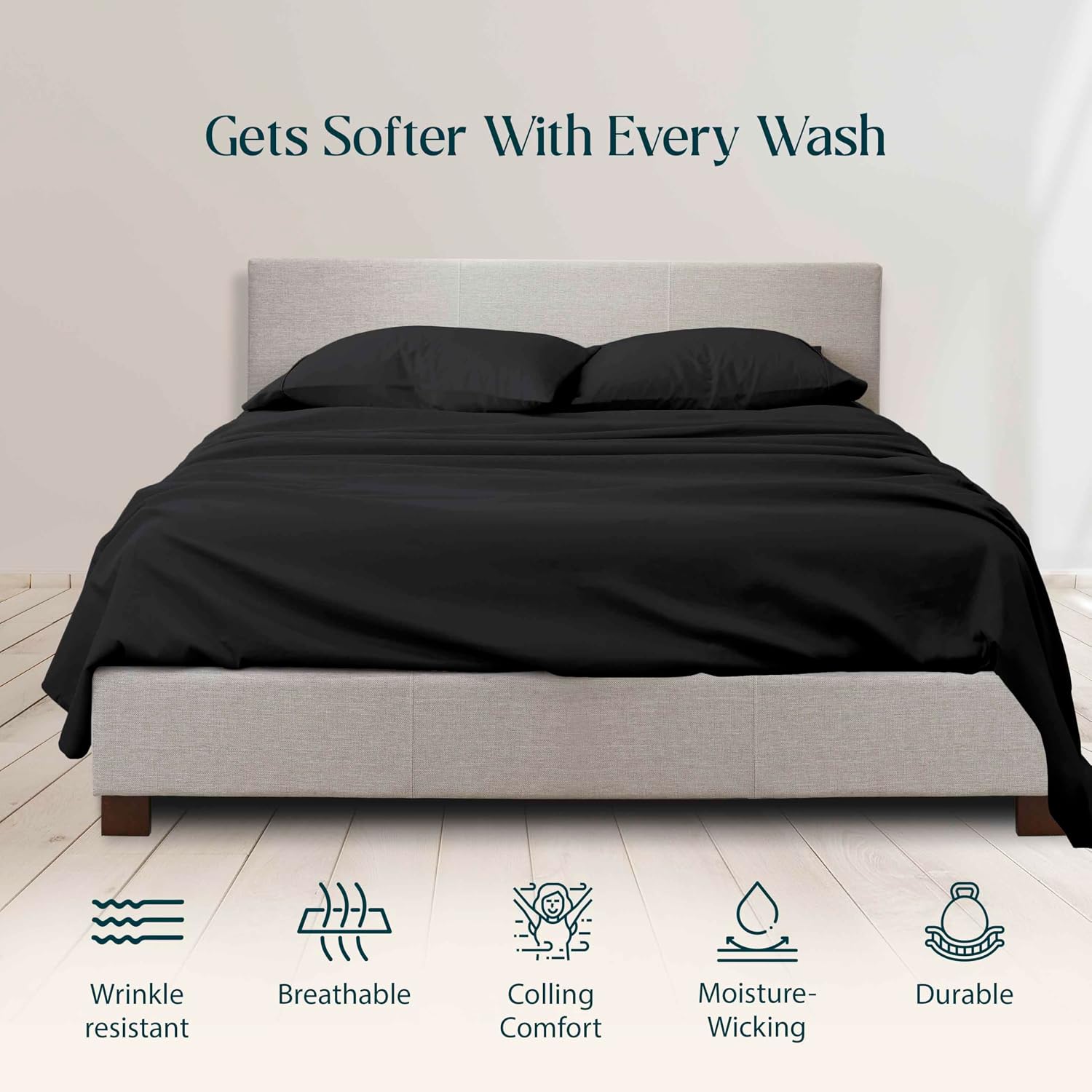 Luxury 1800 Thread Count Heavy Egyptian Cotton 4-PCs Sheet Set Fits Mattress 21-24'' Fully Elastic Deep Pocket (Queen Size) (Solid, Black)
