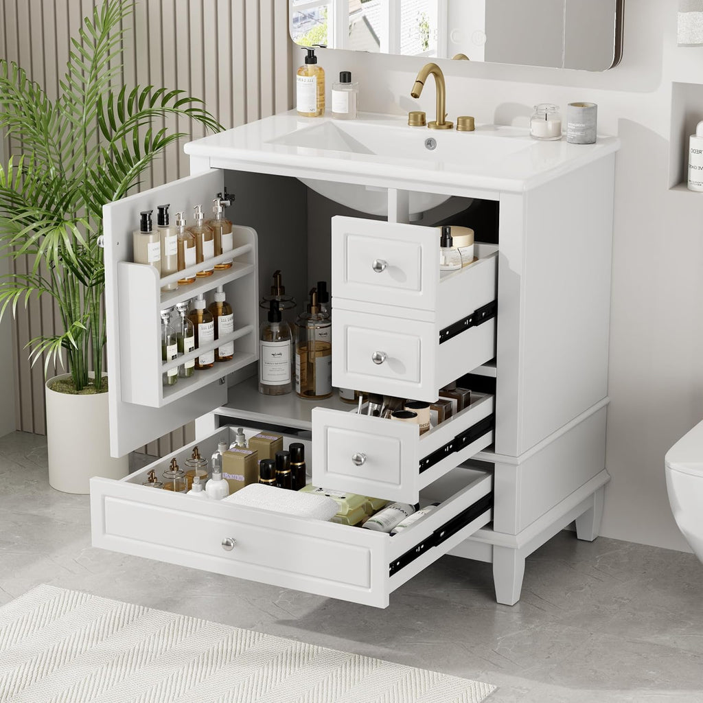 30 Inch White Bathroom Vanity with Sink,Modern Bathroom Sink Cabinet 30 Inch,Drop-in with Integrated Countertop,Storage Door Organizer & 3 Drawers,Soft Closing,Solid Wood Frame