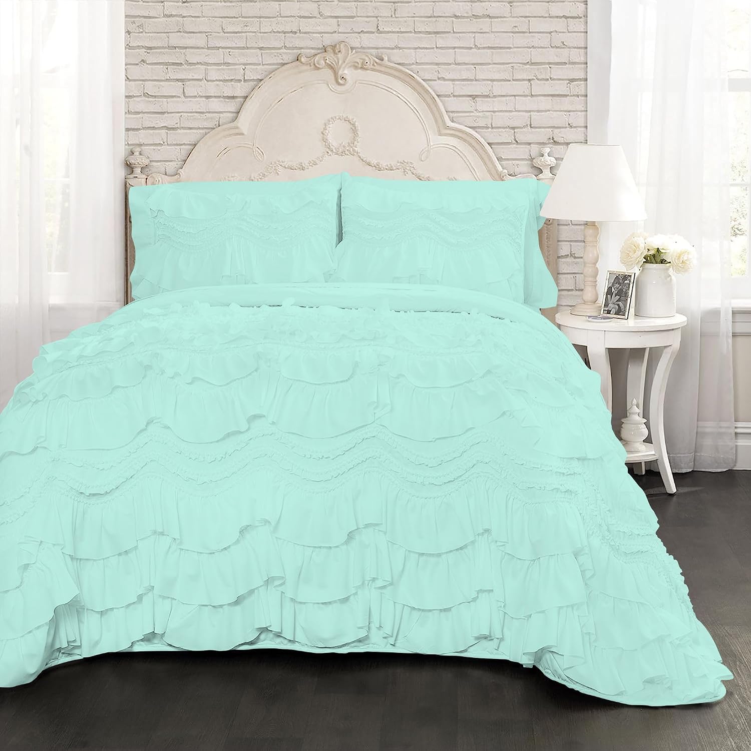 100% Egyptian Cotton, 550 GSM Microfiber Filled Quilt Ruffled Textured 3 Piece Full/Queen Size Comforter Set, Aqua Blue