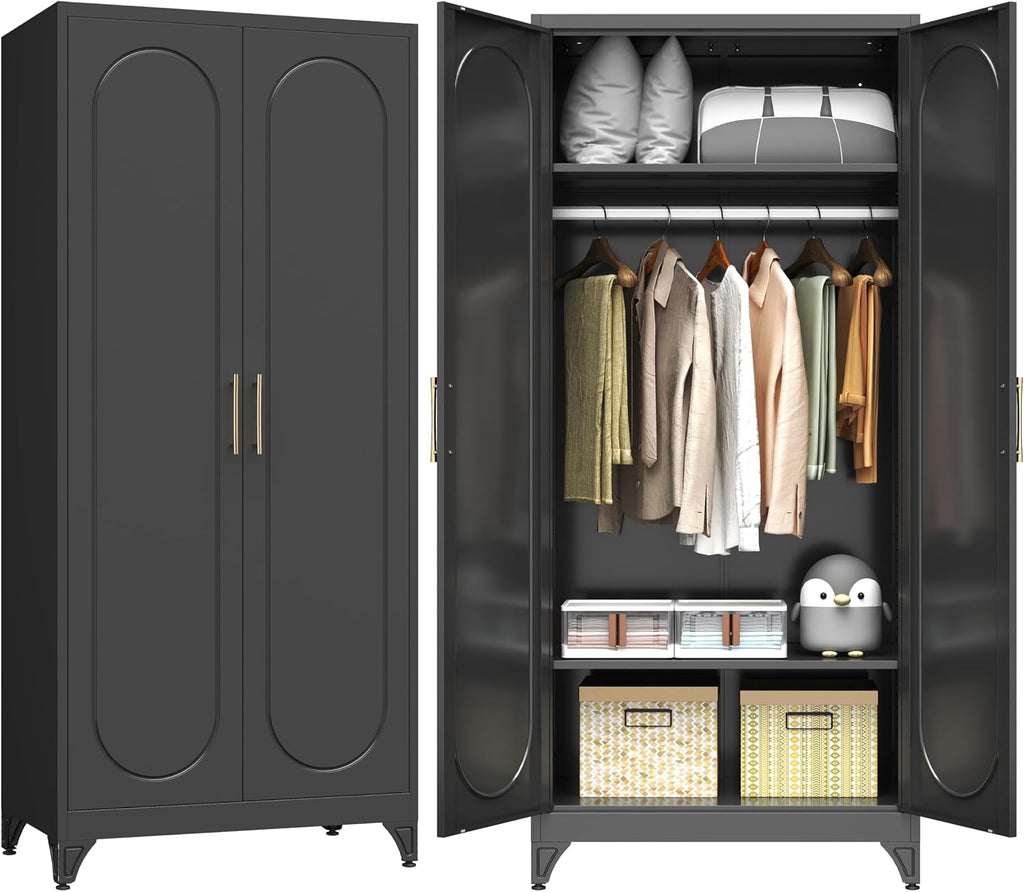 Metal Armoire Wardrobe Closet with 2 Doors, 71' Black Wardrobe Cabinet with Hanging Rod and Adjustable Shelves, Tall Clothing Storage Cabinets for Bedroom, Laundry Room, Home Office