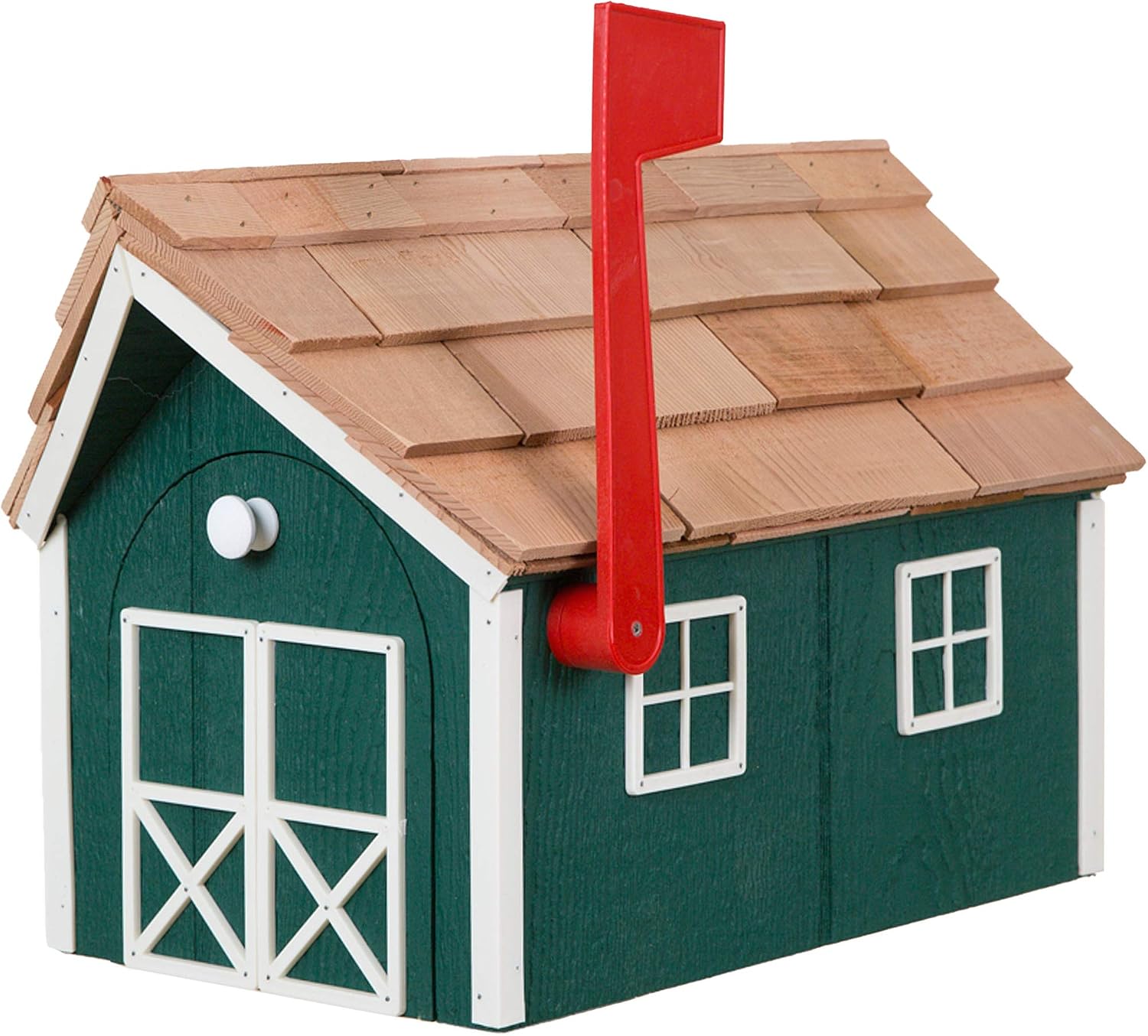 Amish Cedar Roof Wooden Mailbox with Window & Door Trim (Forest Green with White Trim)