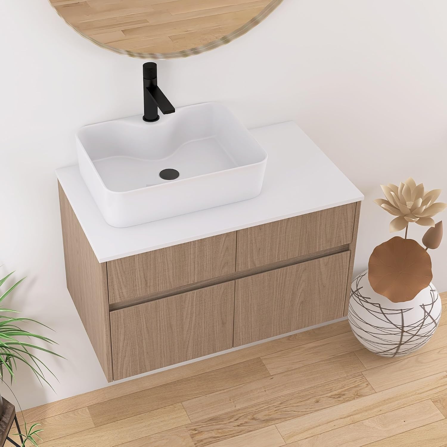 32 Inch Floating Bathroom Vanity with Sink, Modern Wall Mounted Cabinet, Ceramic Vessel Basin, 2 Soft Close Doors and 2 Drawer, Light Walnut
