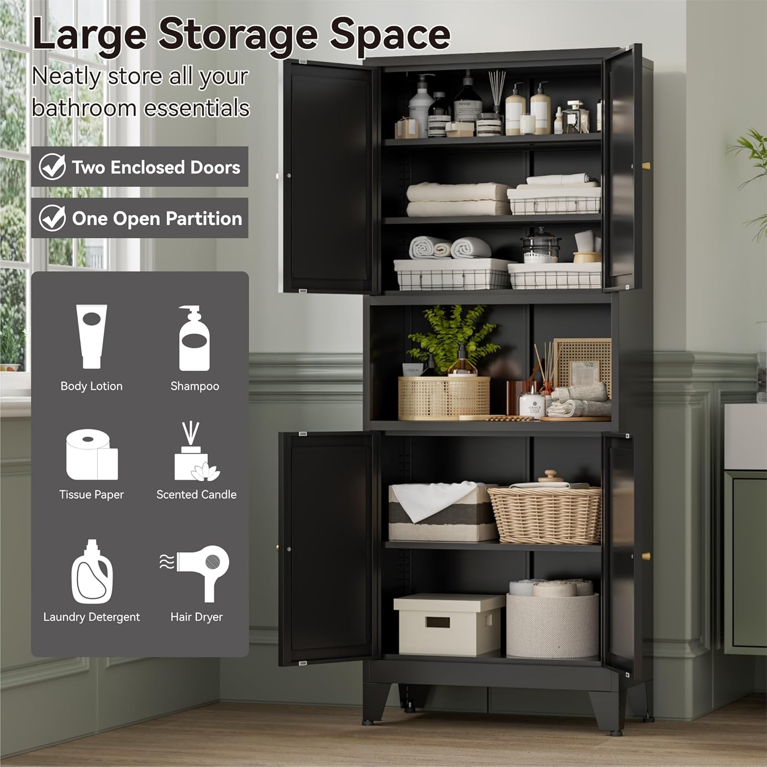 Bevivog Black Pantry Cabinet, 69' Tall Metal Storage Cabinet with Hutch, 4 Doors Pantry Shelves Microwave Stand, Freestanding Tall Bathroom Storage Cabinet for Kitchen, Dining Room, Laundry Room
