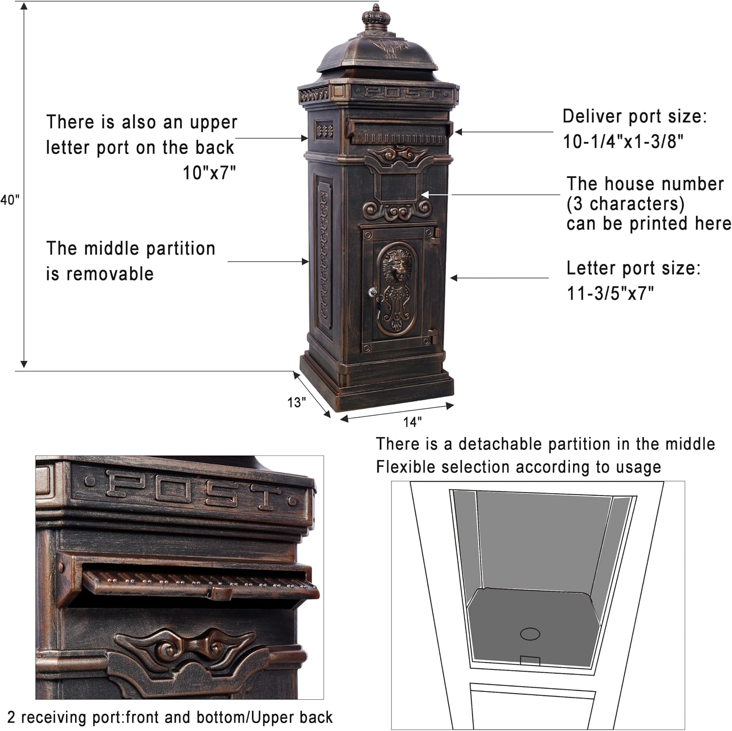Copper Mailbox, Large Lockable Package Drop Box with Roman Statue, Rustproof Cast Aluminum Mail Boxes for Outside, Vintage Post-Mount Design, Weatherproof & Elegant Garden Letter Box (Bronze)