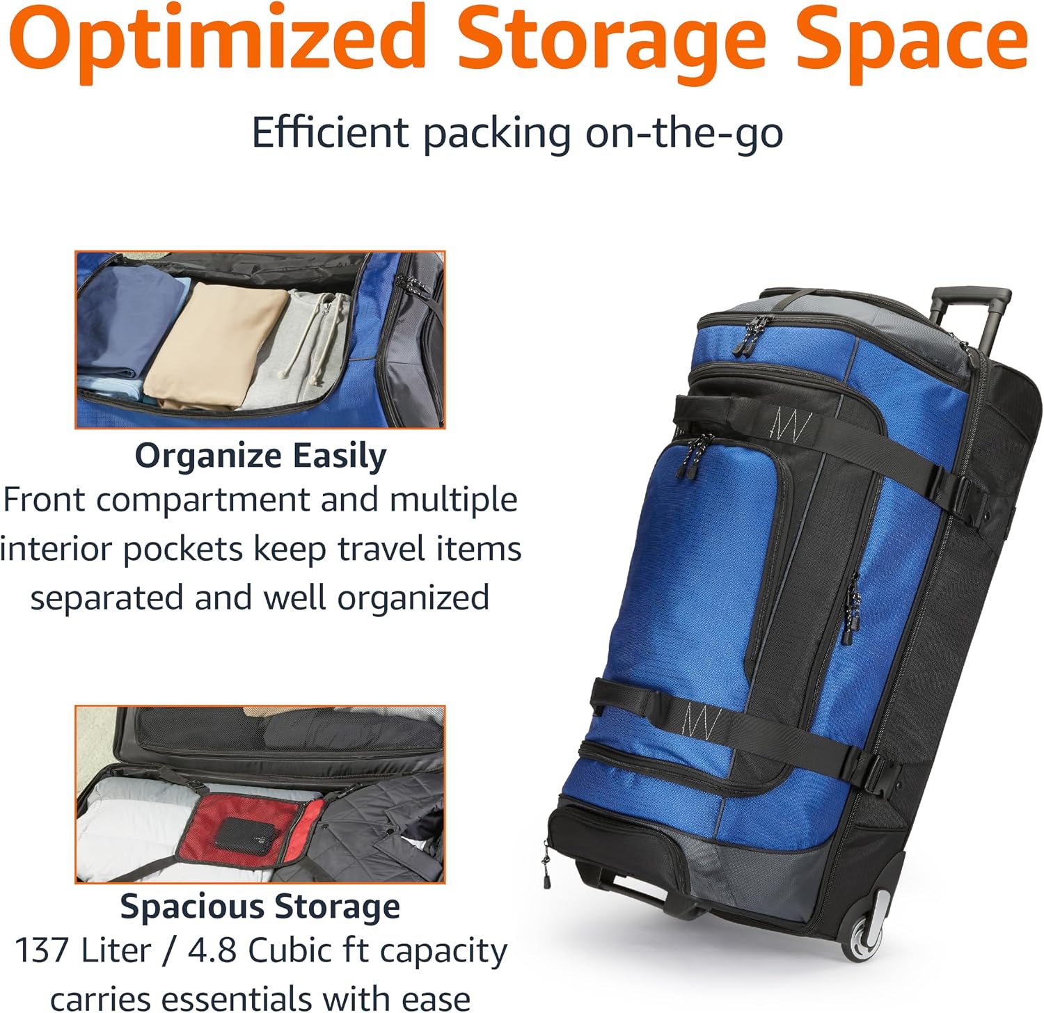 Amazon Basics 35-Inch Large Rolling Duffel Bag for Travel with Wheels and Handle, Durable Ripstop Polyester, 2 Layers of Space, Multiple Interior and Exterior Pockets, Blue