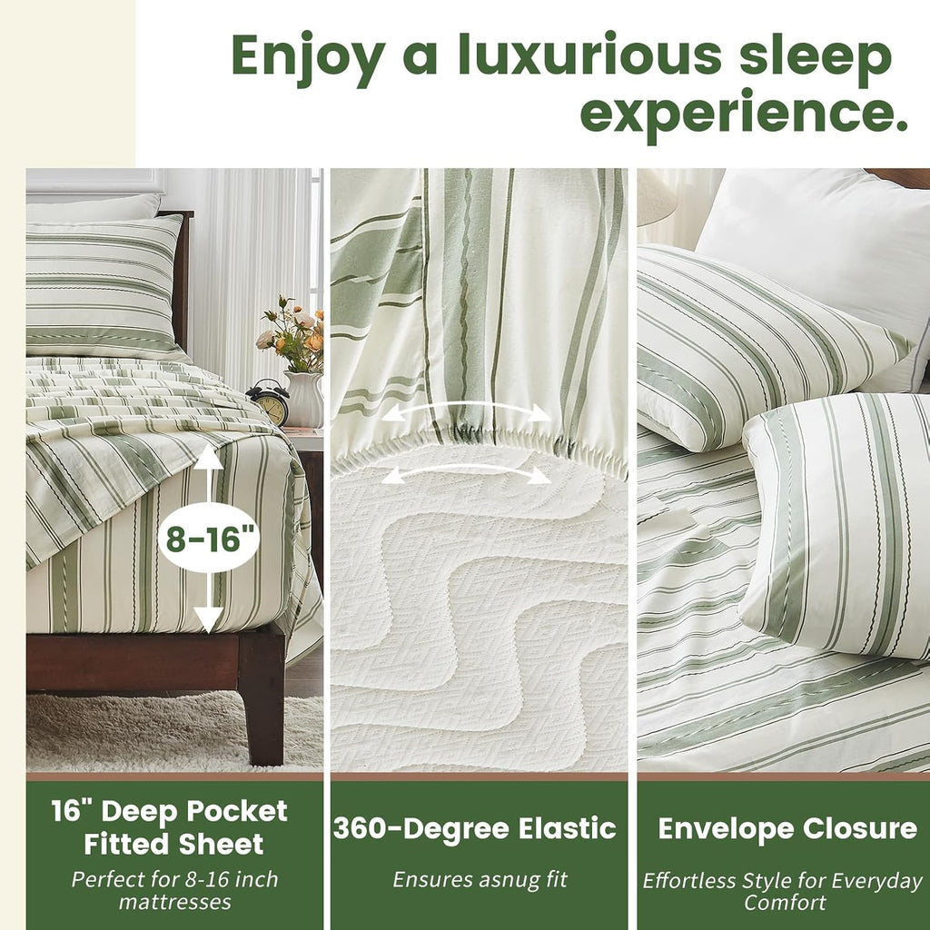 100% Linen Sheets Queen Size,Breathable & Durable 4-Piece Bed Flax Stripes Sheet Set,Soft All-Season Bedding for Hot Sleepers 16' Deep Pocket Oeko-TEX Certified,（Queen, Green Stripes）