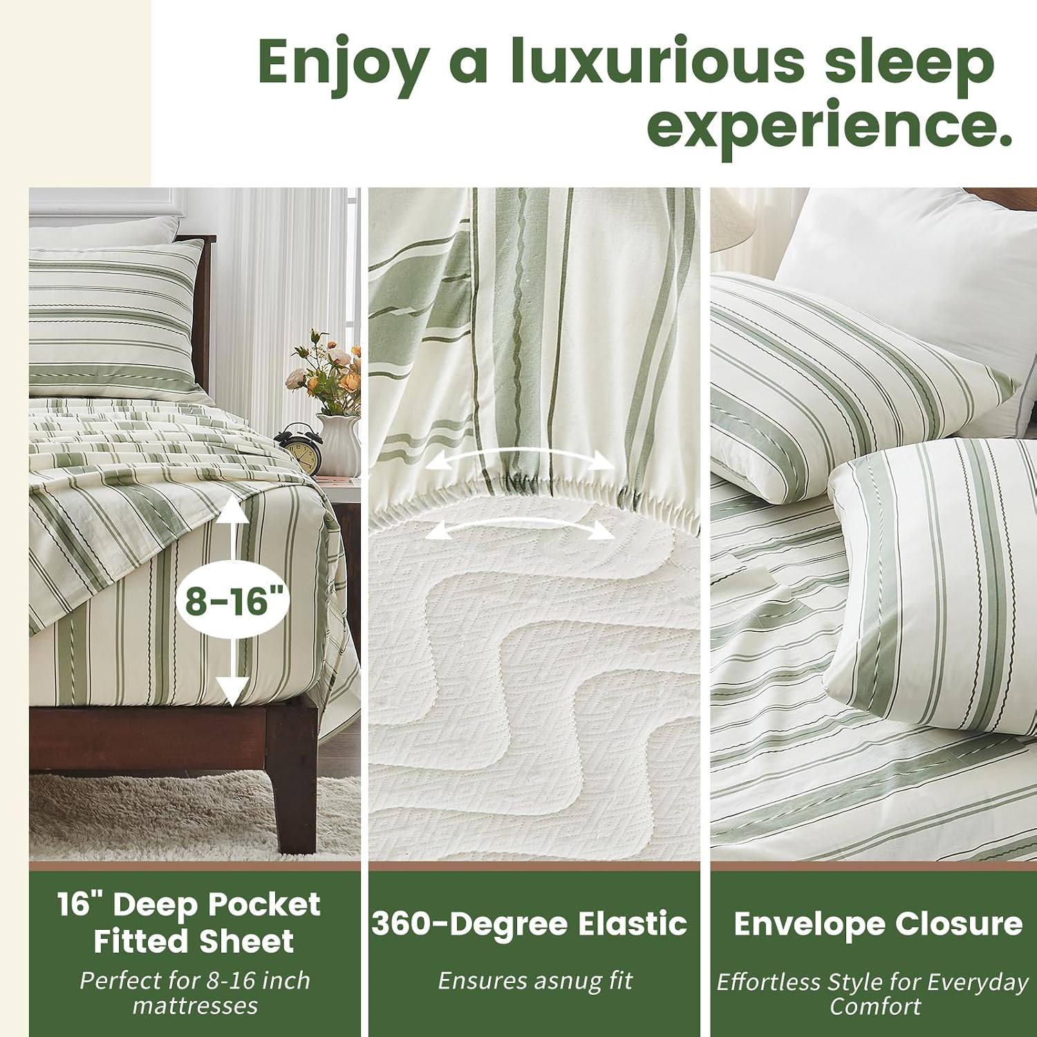 100% Linen Sheets Queen Size,Breathable & Durable 4-Piece Bed Flax Stripes Sheet Set,Soft All-Season Bedding for Hot Sleepers 16' Deep Pocket Oeko-TEX Certified,（Queen, Green Stripes）