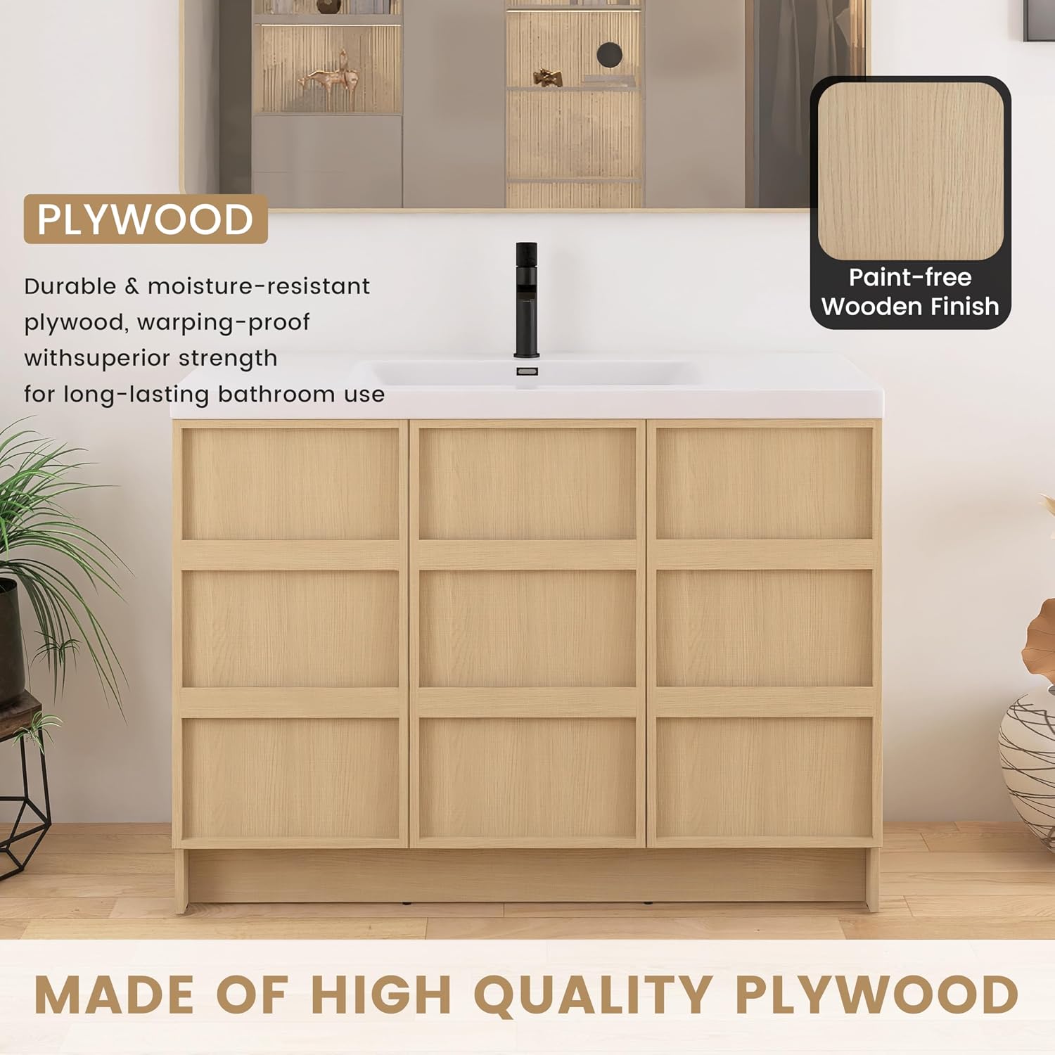 48 Inch Bathroom Vanity with Sink, 48' Freestanding Storage Cabinet Combo, 3 Soft Close Doors and Resin Basin, Modern Brown Floor Standing Vanity Set, Plywood Construction