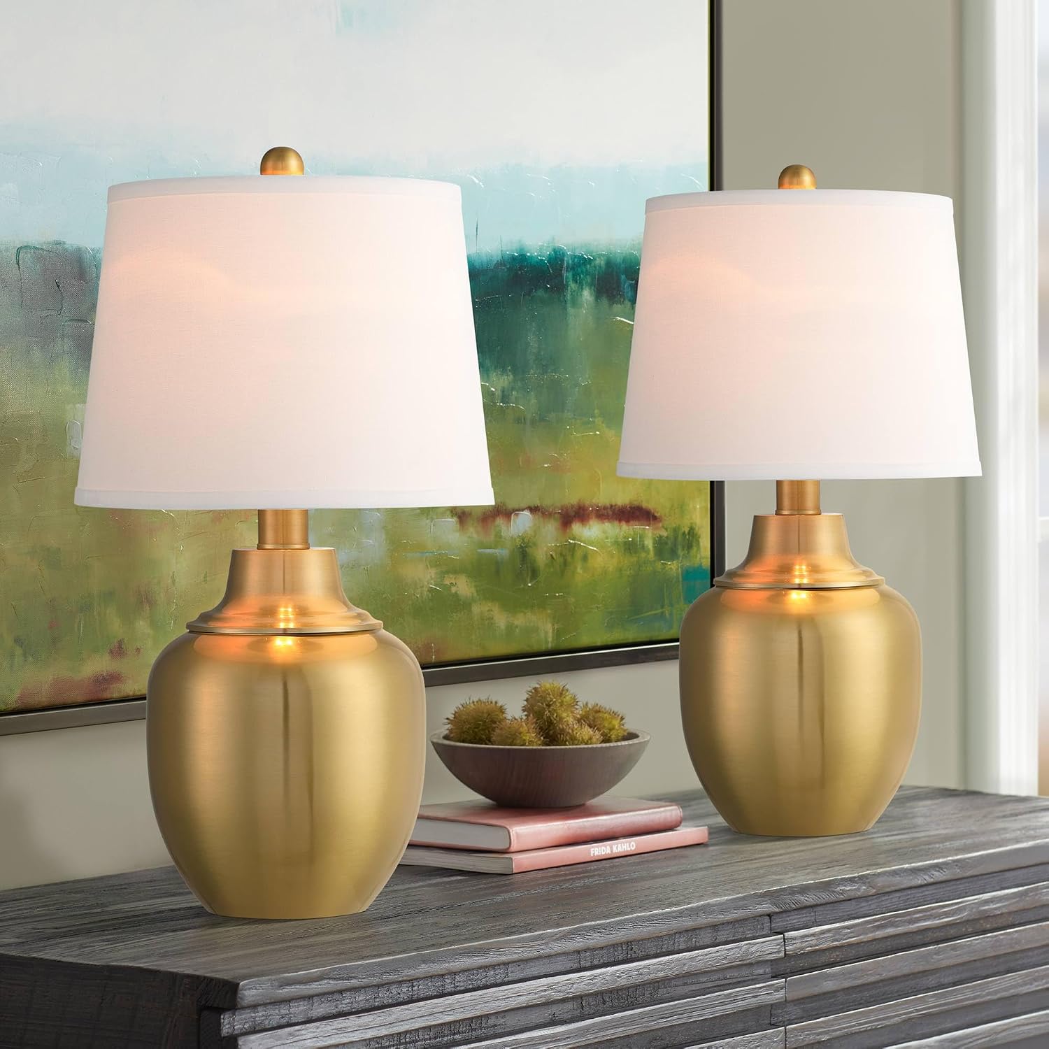 360 Lighting Becca 22' High Urn Small Modern Accent 3-Way Table Lamps Set of 2 Gold Brass Finish Metal Fabric White Shade Living Room Bedroom Bedside Nightstand House Office Home Reading Kitchen