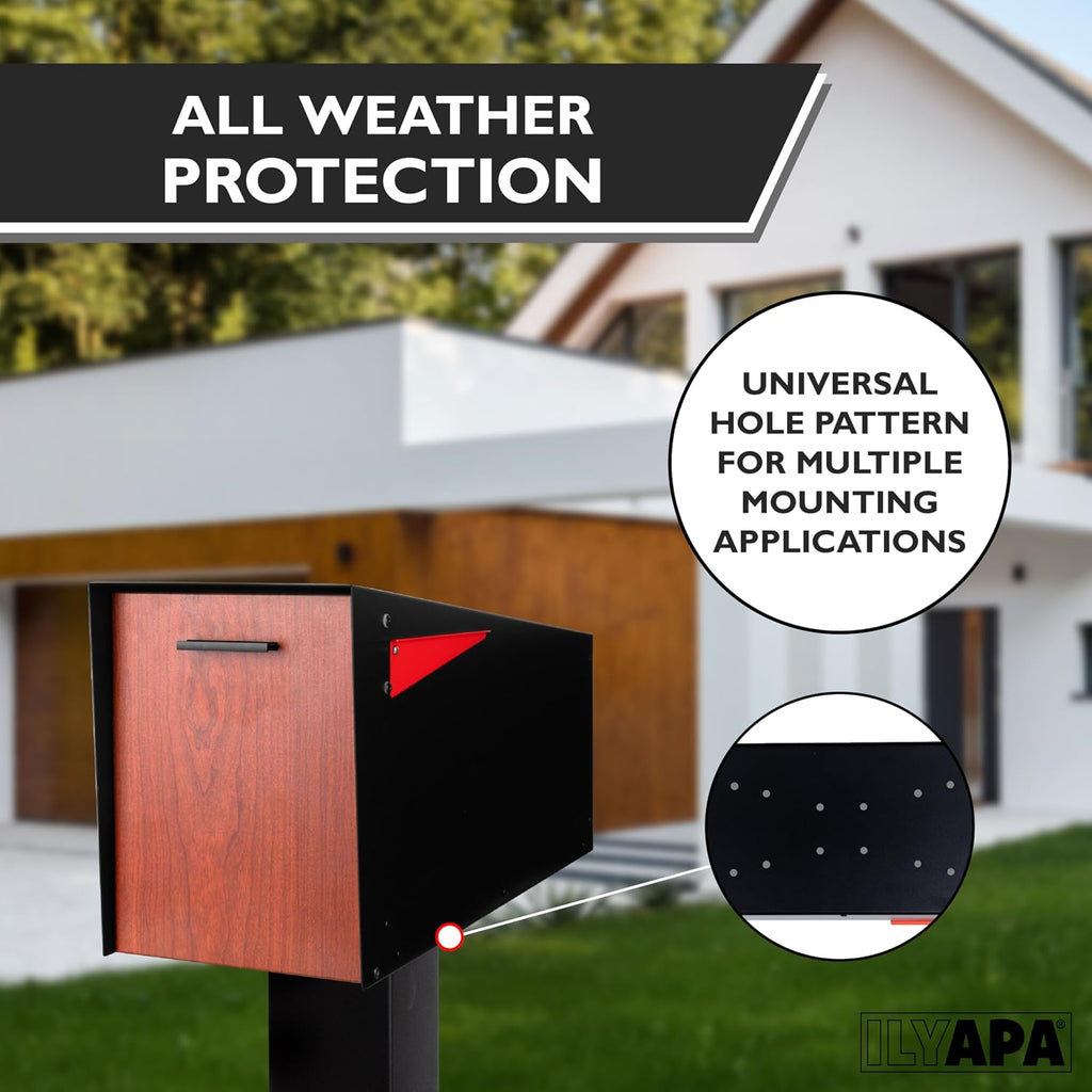 Ilyapa Locking Mailbox with Lock and Key Modern Mailboxes for Outside Post Mount - Black/Wood Powder Coated Steel, All Weather & Corrosion Resistant, Stainless Steel, Angled