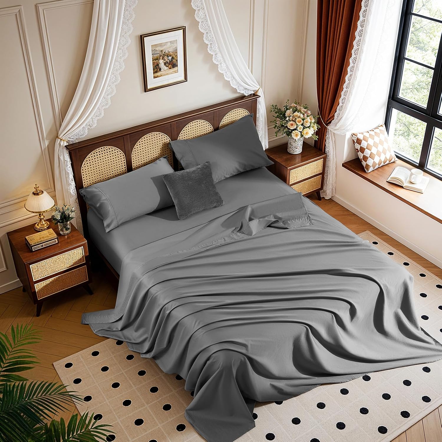 1200 Thread 100% Egyptian Cotton Sheet Sets Queen Size 4 Pcs Bedding Set, Fitted Sheet Deep Pocket Up to 16' Soft Bed Sheet for All Season (Queen, Dark Gray)