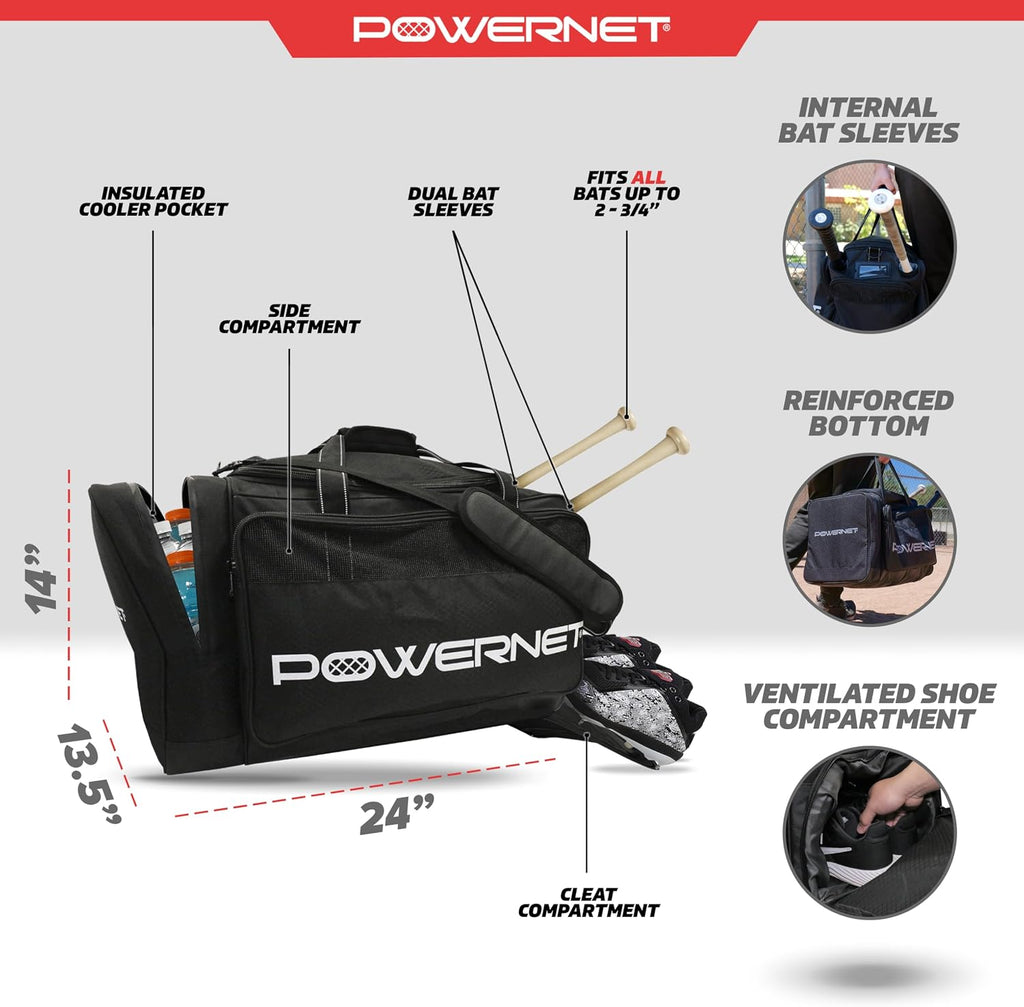 PowerNet Pro Duffle Bag, Softball Baseball Bag, Baseball Gear Bag, Baseball Bat Bag with Internal Bat Sleeves, Baseball Bags with Padded Strap & Pockets