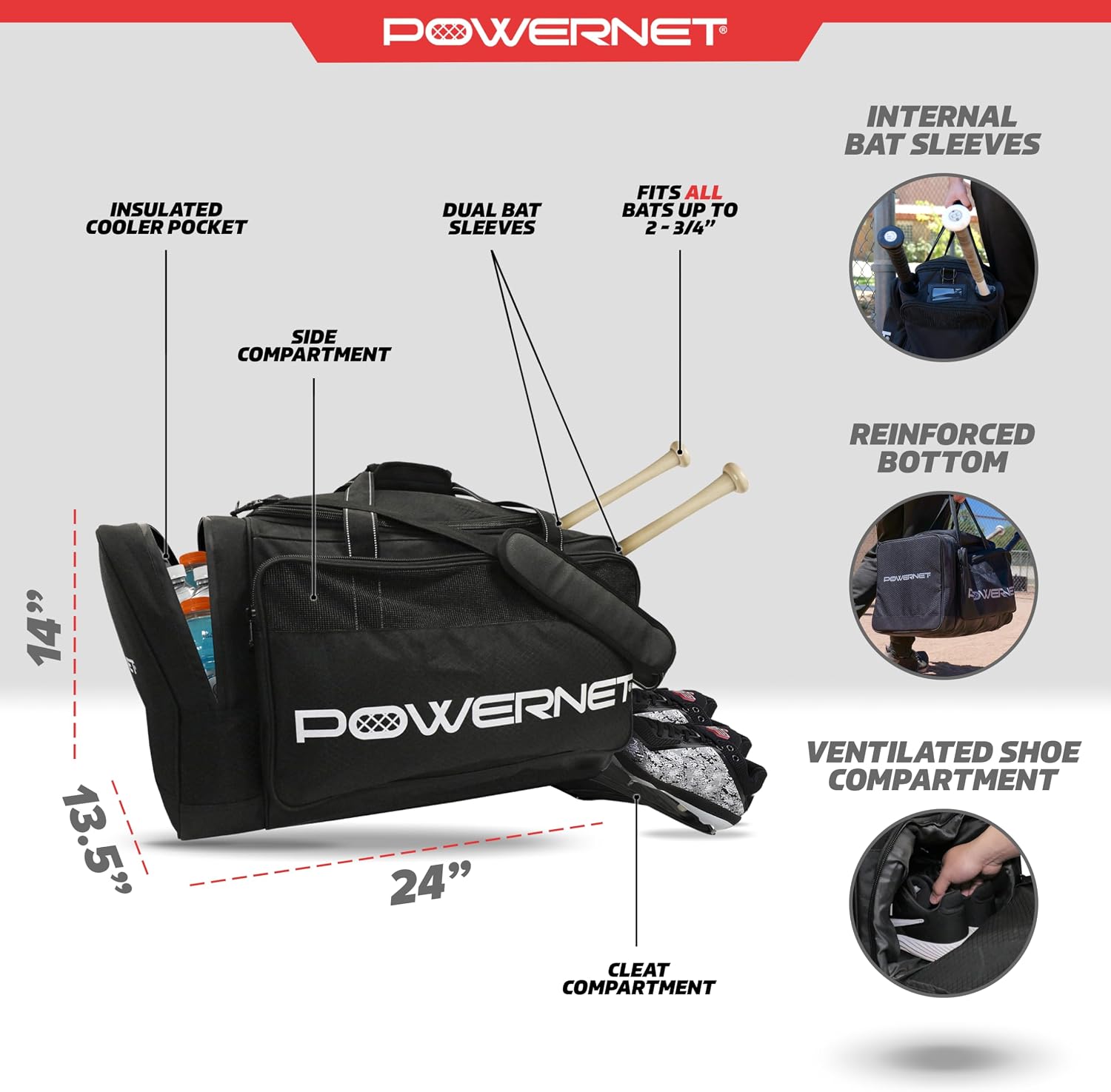 PowerNet Pro Duffle Bag, Softball Baseball Bag, Baseball Gear Bag, Baseball Bat Bag with Internal Bat Sleeves, Baseball Bags with Padded Strap & Pockets