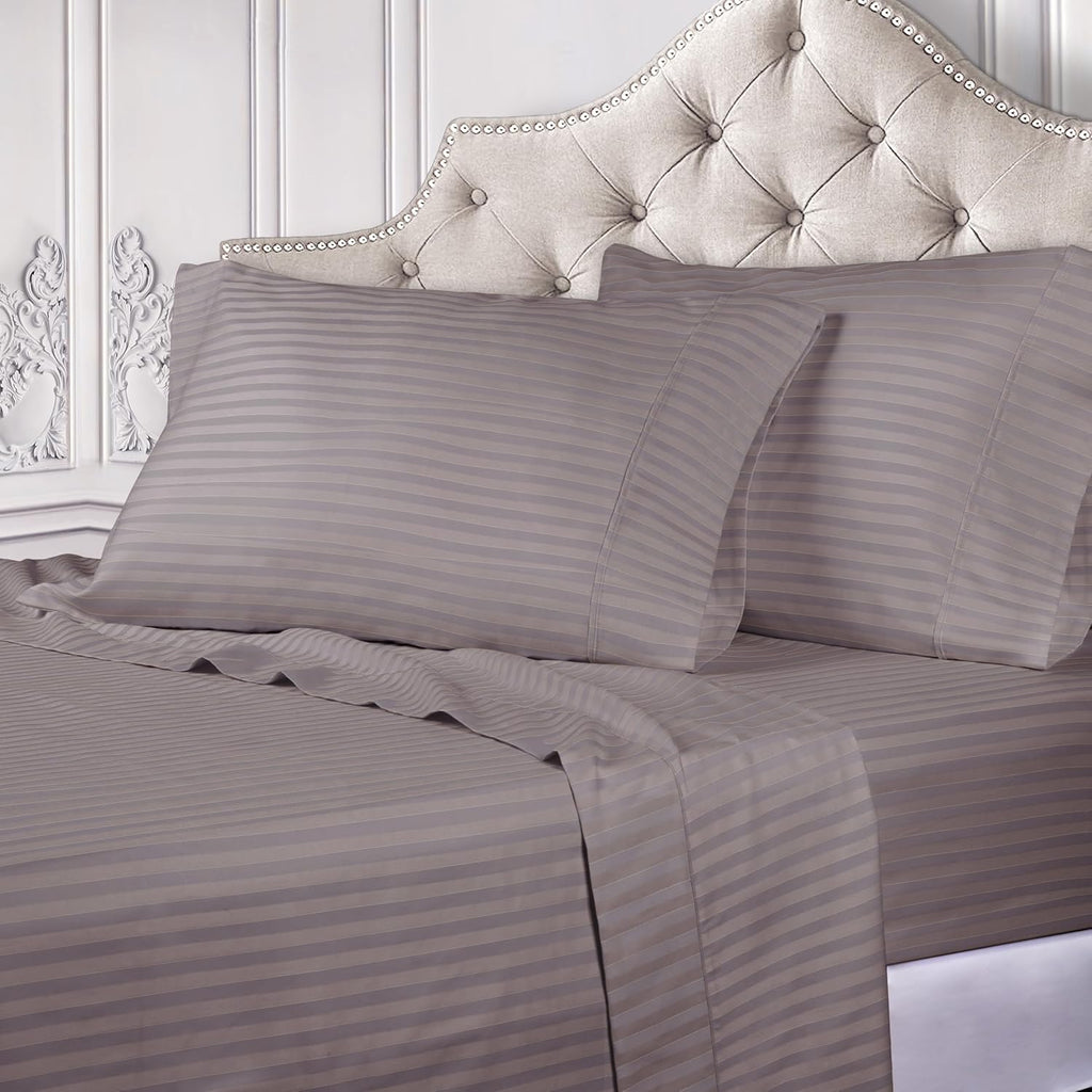 Superior Egyptian Cotton 300 Thread Count Bed Sheet Set, 2 Elastic Deep Pocket Fitted Sheets, 1 Flat Sheet, 2 Pillowcases, Daily Sheets, Luxury Home Essentials, Striped Design, Split King, Grey