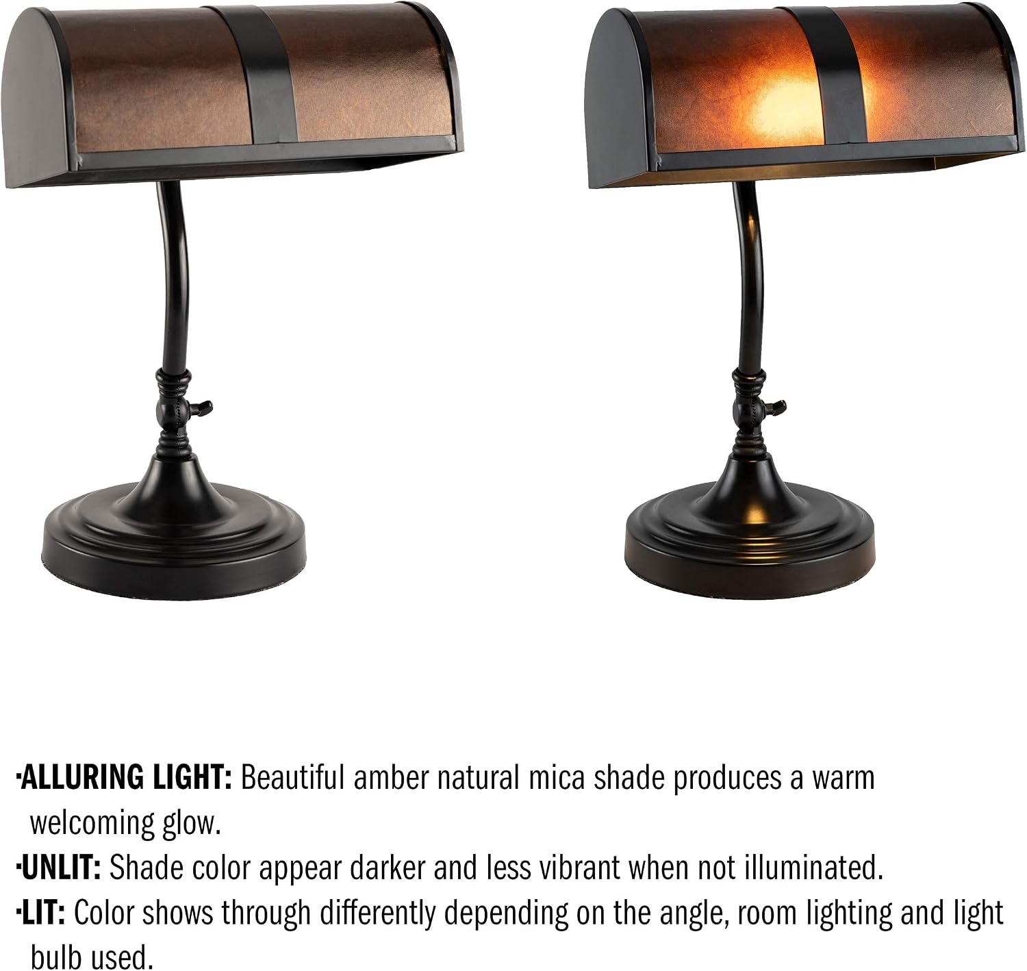 Lavish Home Bankers Lamp - Mission Style Amber Mica Shade Table or Desk Light LED Bulb Included Classic Vintage Look Accent Decor Dark Brown, Black, Off White 10 x 9 x 14 (L x W x H)