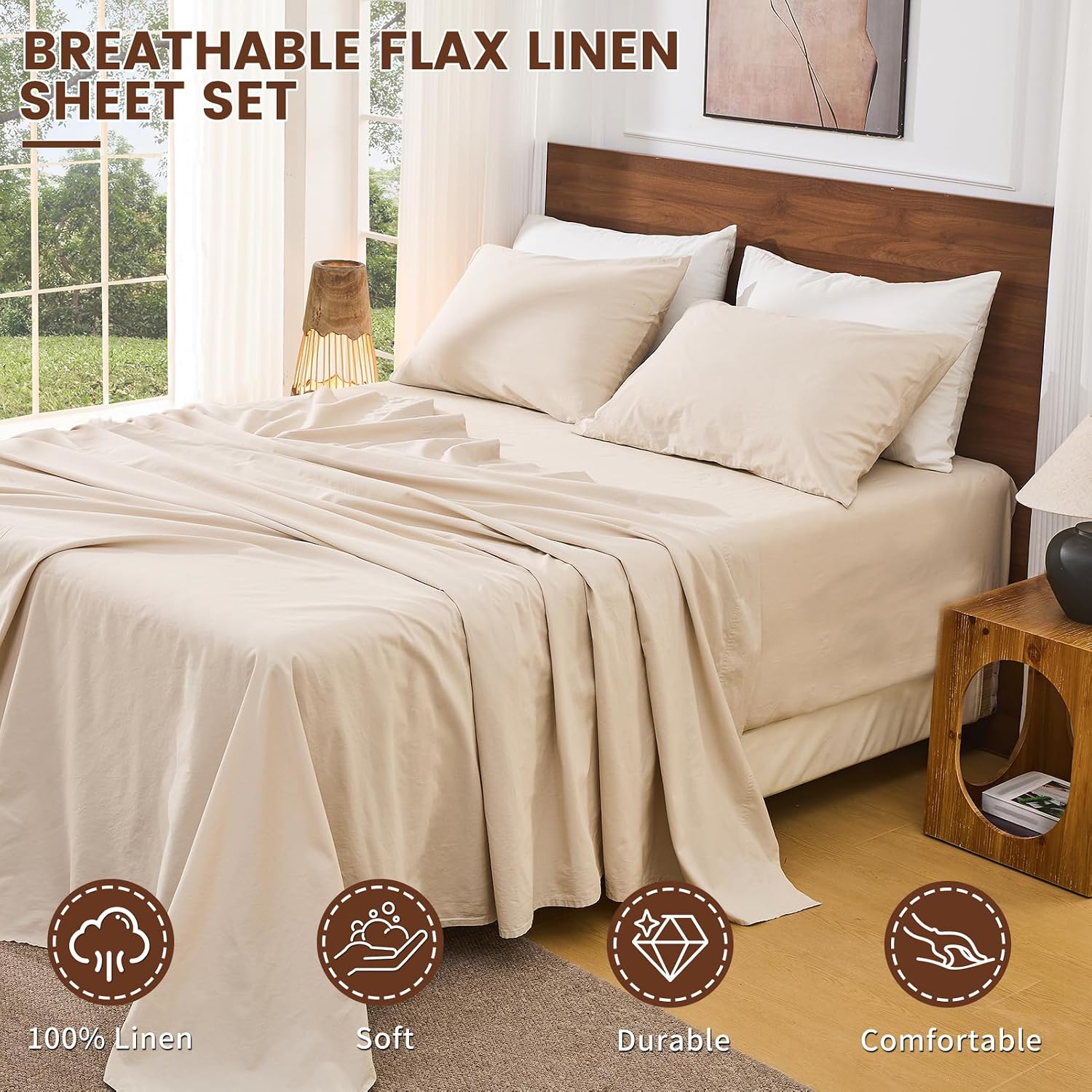 Bedlifes 100% French Linen Sheets Queen Size 18-24'Extra Deep Pocket 4-Piece Set Breathable & Moisture-Wicking,Soft & Durable Sheets for Thick Mattresses(Linen)