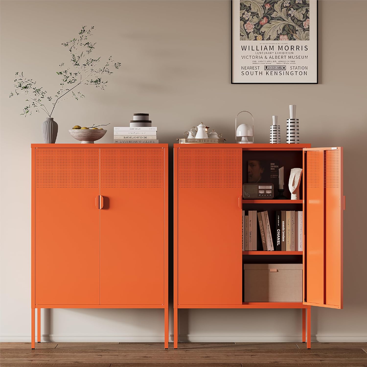 Orange Metal Storage Cabinet,2 Door TV Stand, Metal Mesh Accent Cabinet,Magnetic Door Closure,Low Storage Cabinets with Doors and Shelf for Home,Office,Living Room