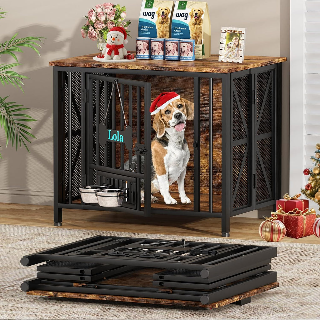 Easycom Dog Crate Furniture, 31.5' Assembly-Free Dog Crates for Small & Medium Dogs, Foldable Dog Kennel Indoor with Tag & Adjustable Dog Bowls, Wooden Dog Cage Use as End Table, Rustic Brown