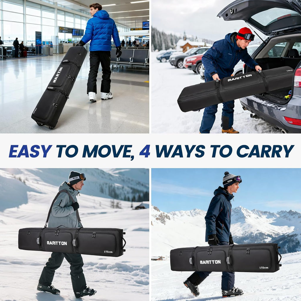 Double Rolling Ski Bag with Wheels, Padded Ski Bag for Air Travel to Hold 2 Pairs of Skis up to 175 or 190 cm.