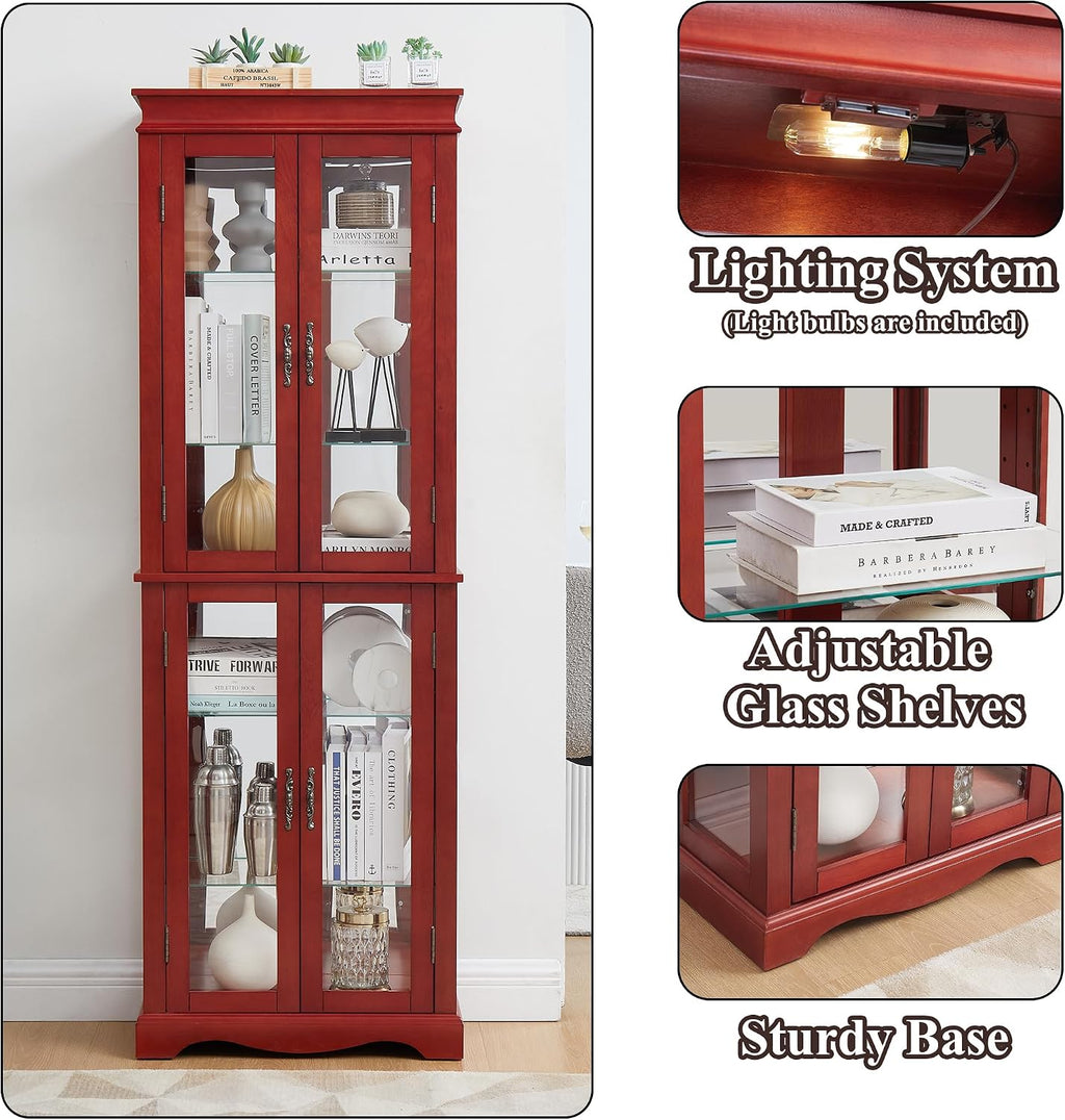 70' H Lighted Curio Cabinet Display Case, Glass Curio Cabinets with Adjustable Shelves and Tempered Glass Door, Wooden Cabinet w/Mirrored Back Pane for Living Room (Cherry)