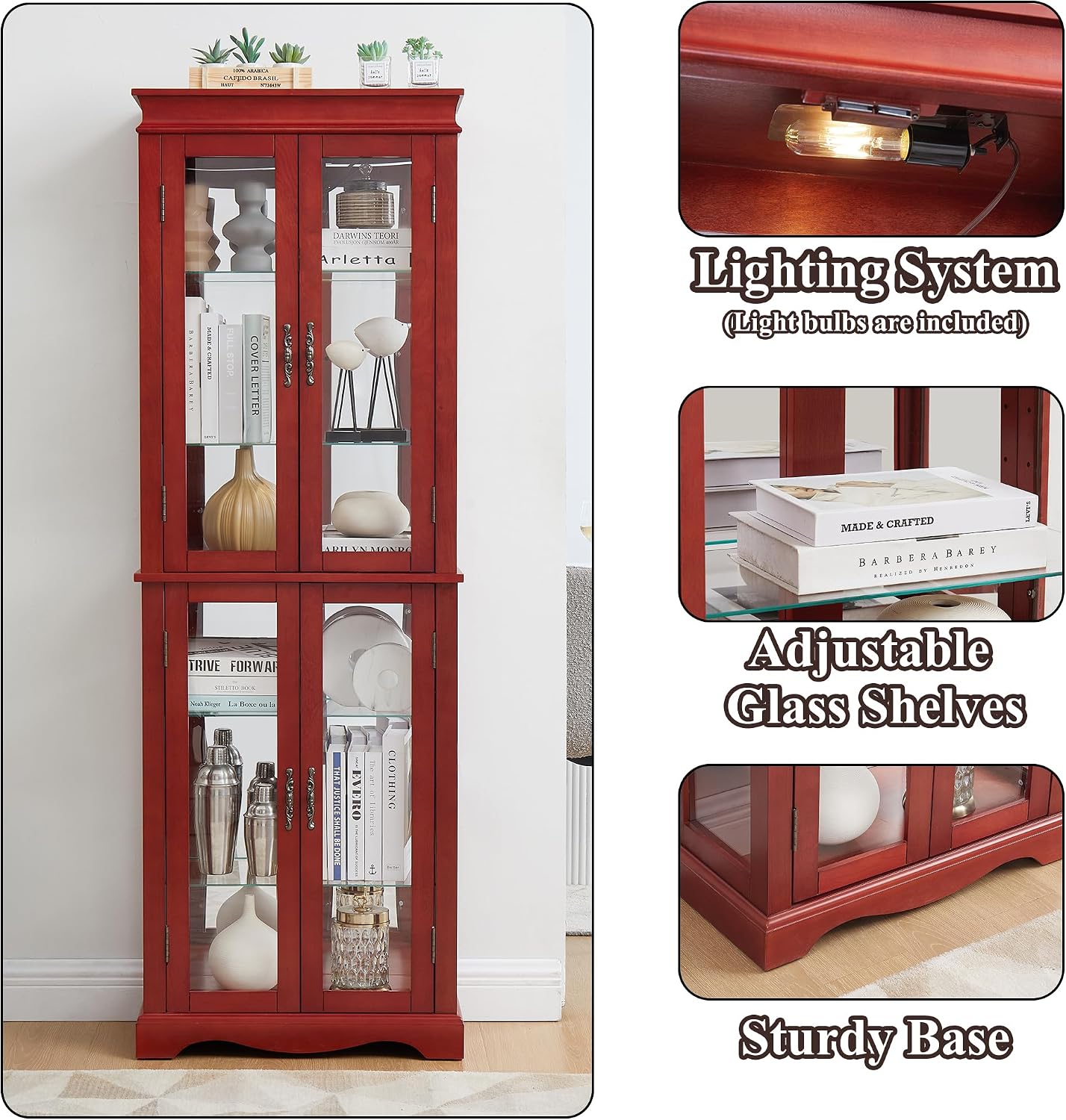 70' H Lighted Curio Cabinet Display Case, Glass Curio Cabinets with Adjustable Shelves and Tempered Glass Door, Wooden Cabinet w/Mirrored Back Pane for Living Room (Cherry)