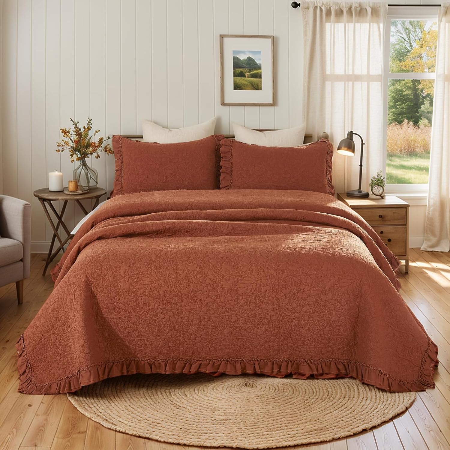 Brandream Queen Size Quilt Set Cotton Burnt Orange Vintage Farmhouse Quilted Comforter Set Luxury Ruffle Bedspreads 3-Piece