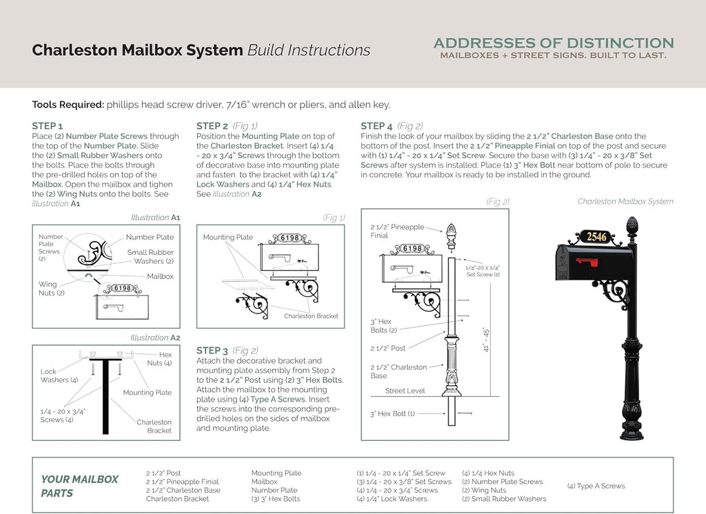 Charleston Mailbox & Post System – Black Rust Resistant Mailbox – Includes Address Plaque, Numbers, Scroll & Mounting Hardware (Large)