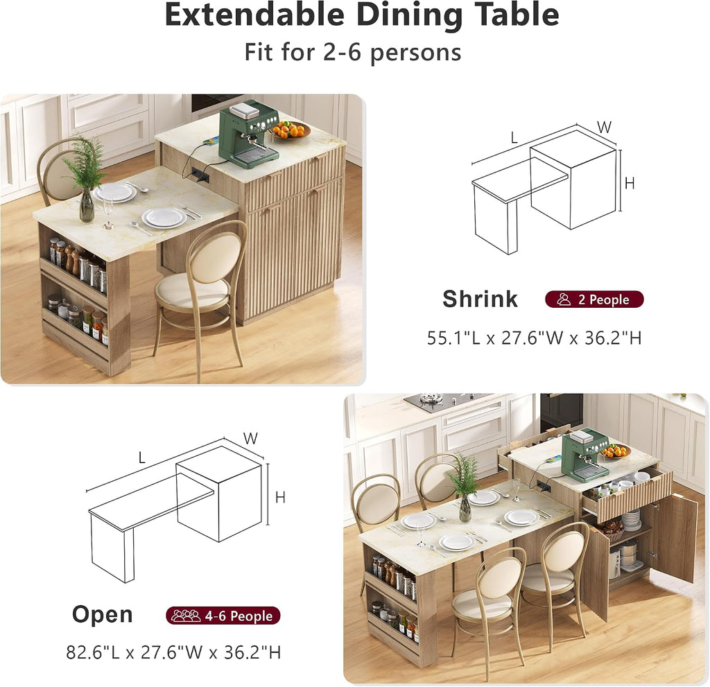 RUNNA 82.6' Fluted Kitchen Island with Extendable Dining Table for 4-6,Island Table for Kitchen with Power Outlet, Kitchen Table with Double-Side Storage, 2 Drawers 2 Side Open Shelves (Natural#18)