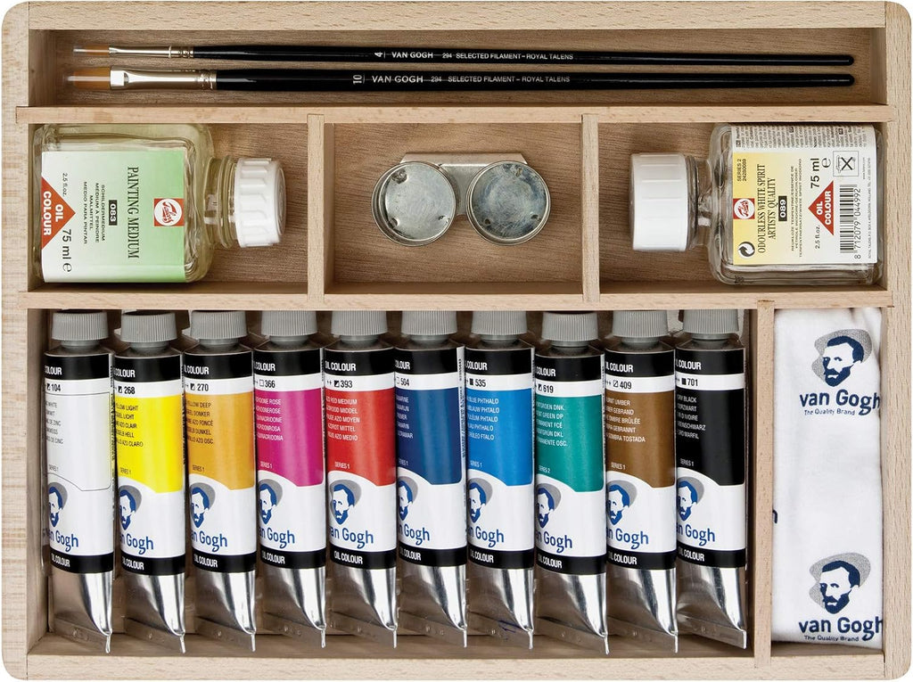 Van Gogh Oil Color Paint, 10x40ml Tubes + Accessories, Wooden Box Basic Set