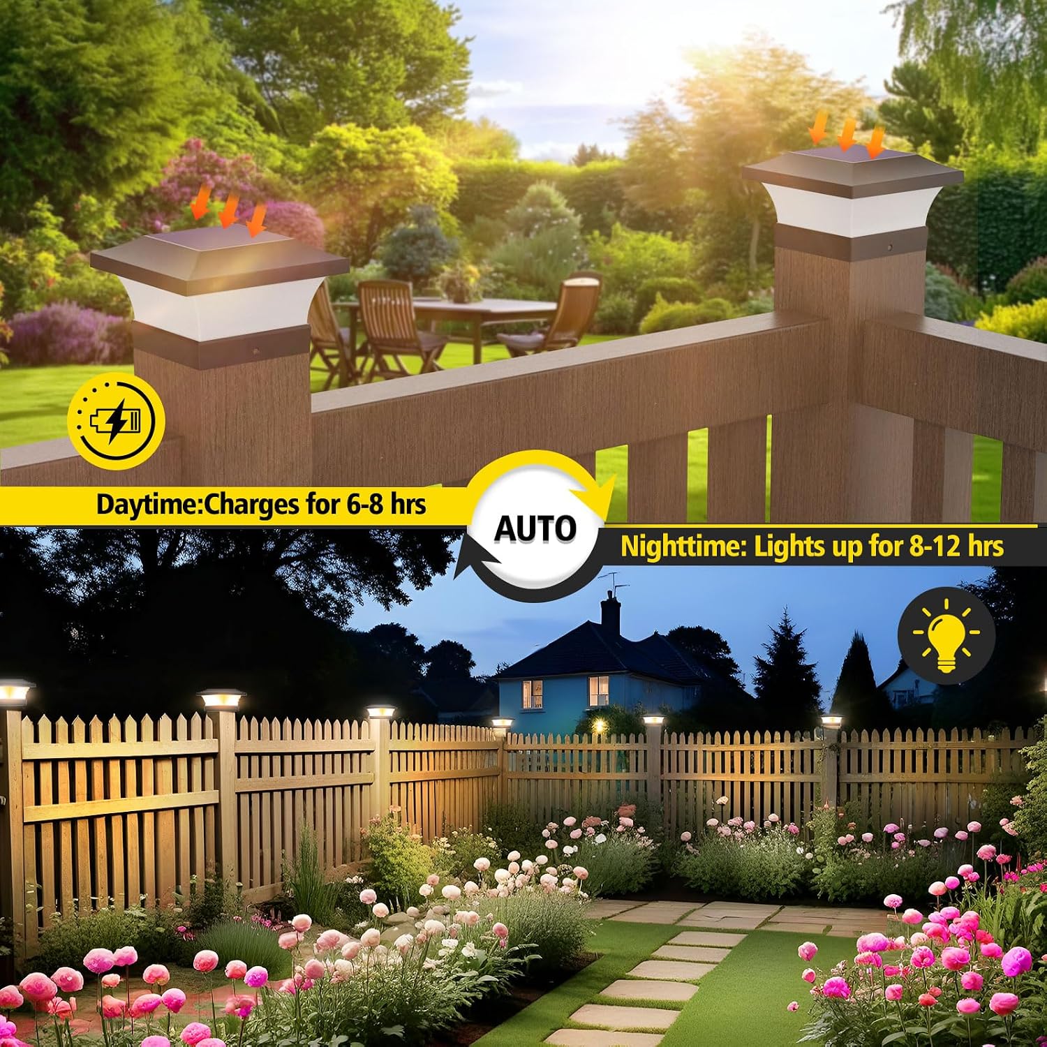 T-SUN 4X4 Solar Post Cap Lights, Warm White LED Fence Post Solar Lights, Outdoor Waterproof Post Lights for Wood & Vinyl Fence Posts, Deck, Patio Railing, Porch, Black-12 Pack