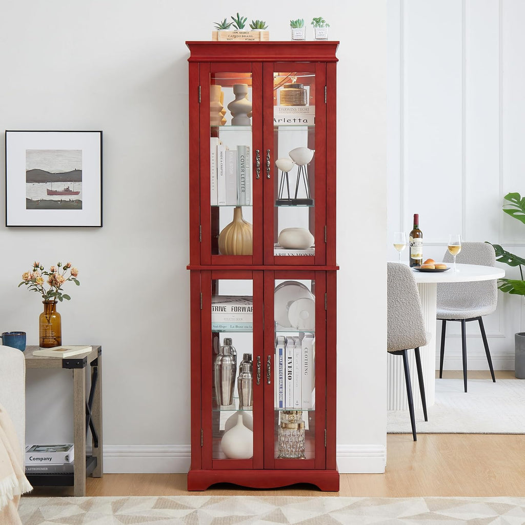 70' H Lighted Curio Cabinet Display Case, Glass Curio Cabinets with Adjustable Shelves and Tempered Glass Door, Wooden Cabinet w/Mirrored Back Pane for Living Room (Cherry)
