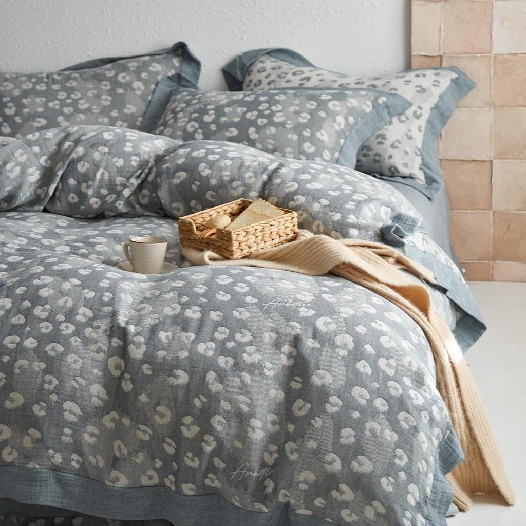 Jacquard Leopard Duvet Cover King Yarn-Dyed Linen Cotton Duvet Cover Vintage Grey Leopard Print Bedding Set Muslin Cotton Jacquard Comforter Cover Leopard Pattern Floral Duvet Cover for Men Women