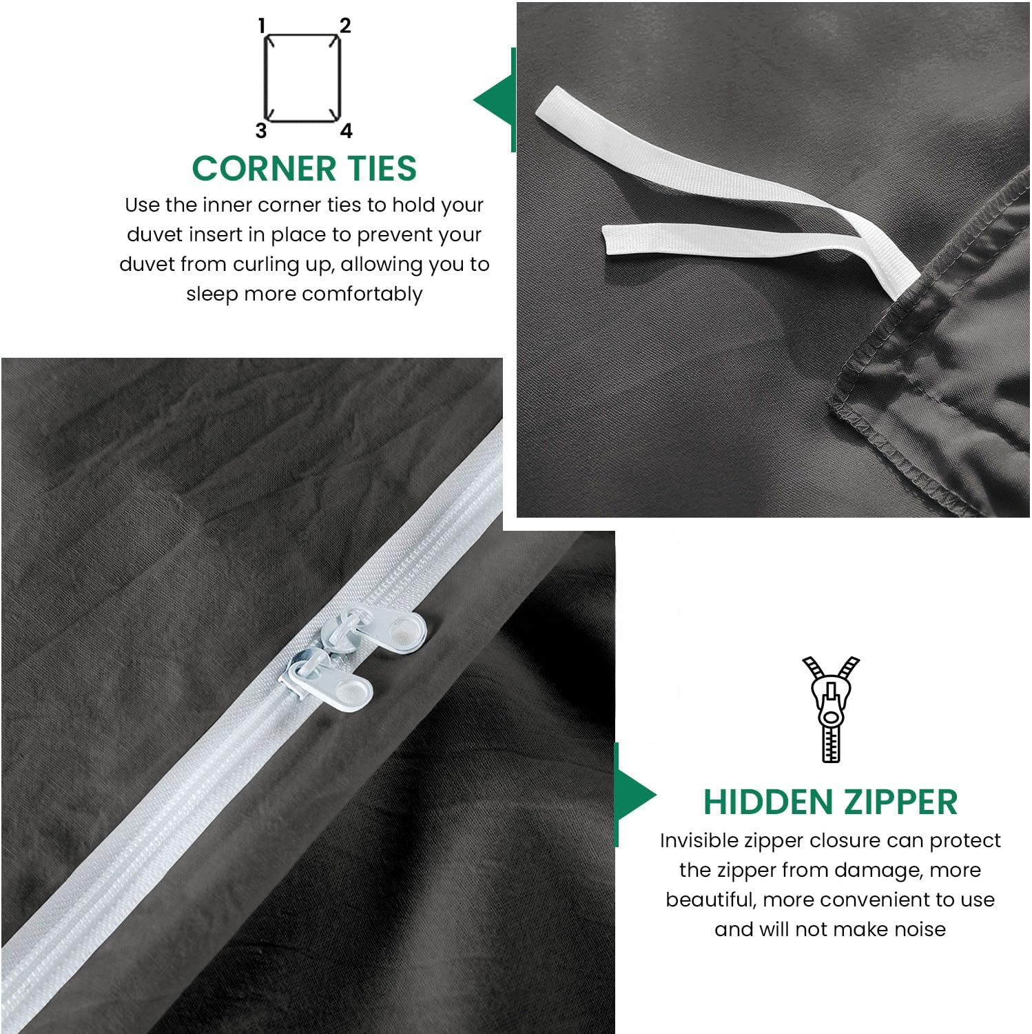 800TC 3 Sided Zipper Duvet Cover Set Soft Egyptian Cotton 3 Sided Zipper Closure, 3 PCS 1-Duvet Cover & 2- Pillow Shams - Oversize Queen Size (98' x 98') Inches, (Solid Dark Grey)