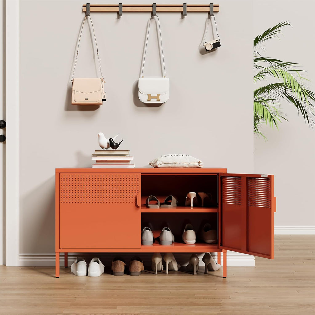 Orange Metal Storage Cabinet,2 Door TV Stand, Metal Mesh Accent Cabinet,Magnetic Door Closure,Low Storage Cabinets with Doors and Shelf for Home,Office,Living Room