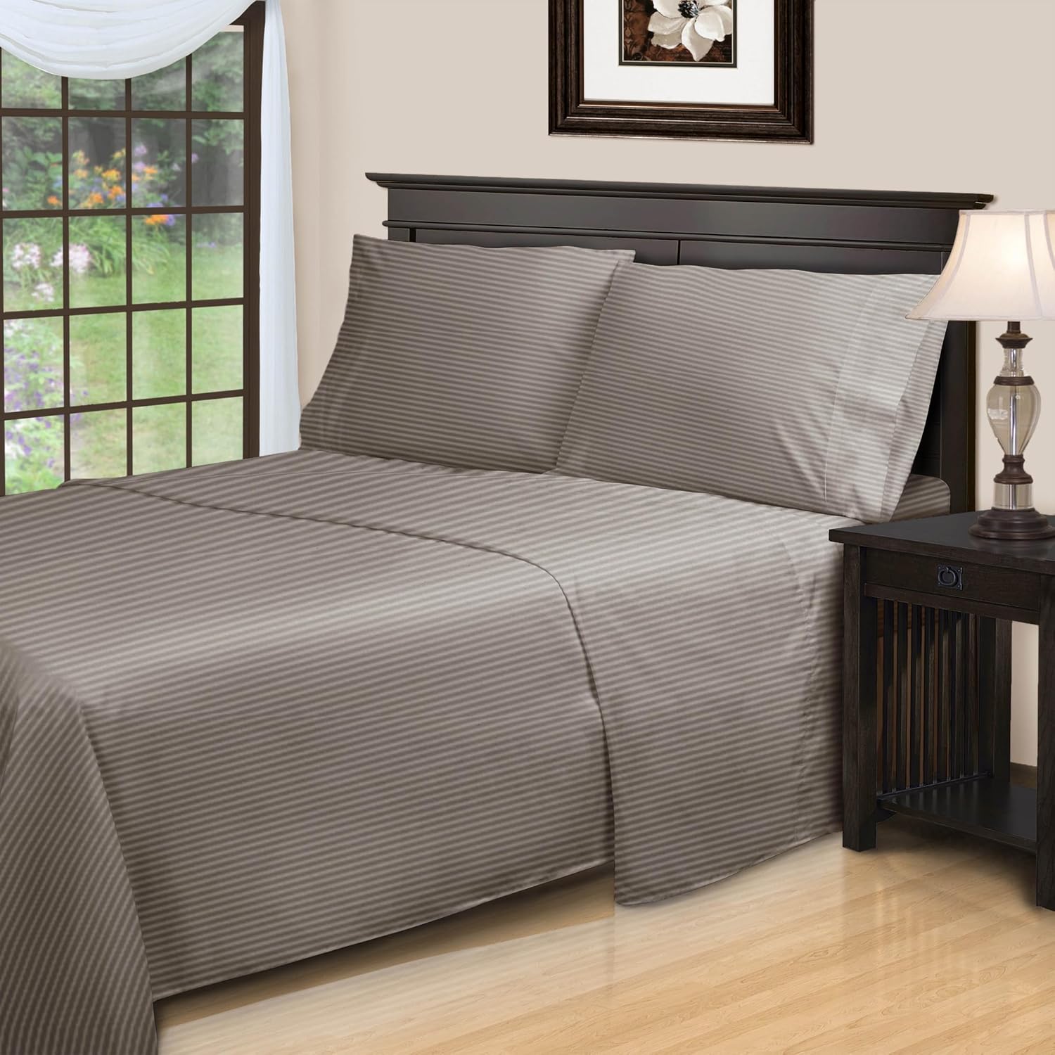 Superior Egyptian Cotton 300 Thread Count Bed Sheet Set, 2 Elastic Deep Pocket Fitted Sheets, 1 Flat Sheet, 2 Pillowcases, Daily Sheets, Luxury Home Essentials, Striped Design, Split King, Grey